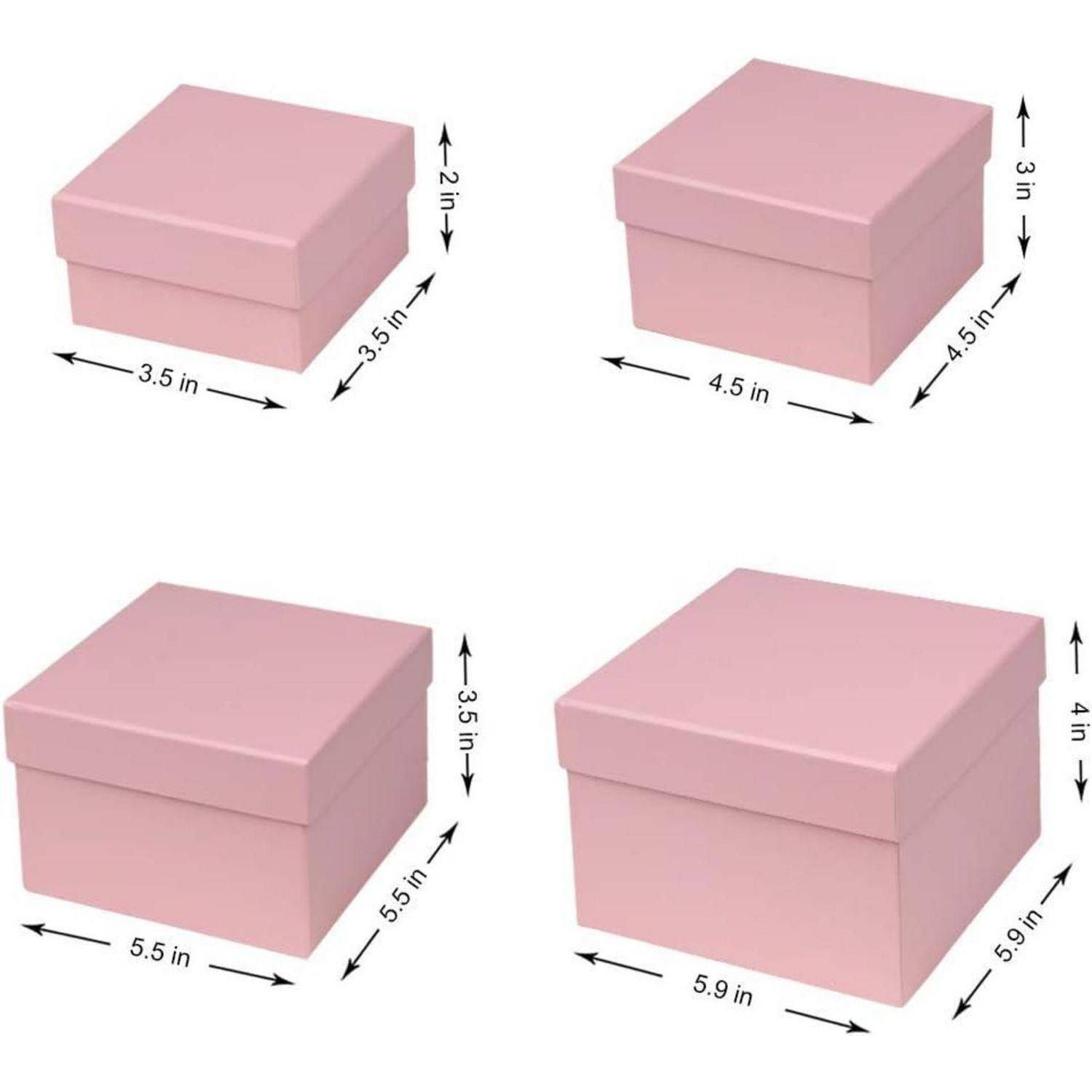 Vier rosa Kästen in unterschiedlichen Größen, wobei die Abmessungen in Zoll von 3,5 bis 5,9 Zoll in Länge und Höhe angegeben sind.