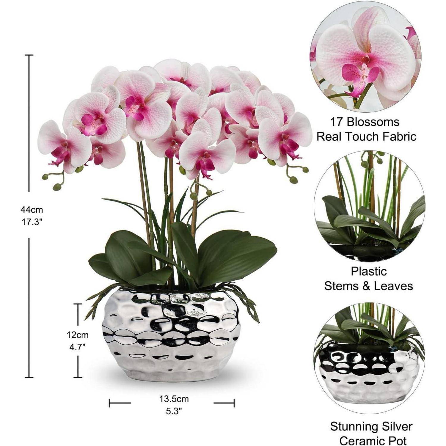 Bild von rosa Orchideen mit 17 Blüten in einem silbernen Keramiktopf, mit Kunststoffstängeln und -blättern. Abmessungen: 17,3