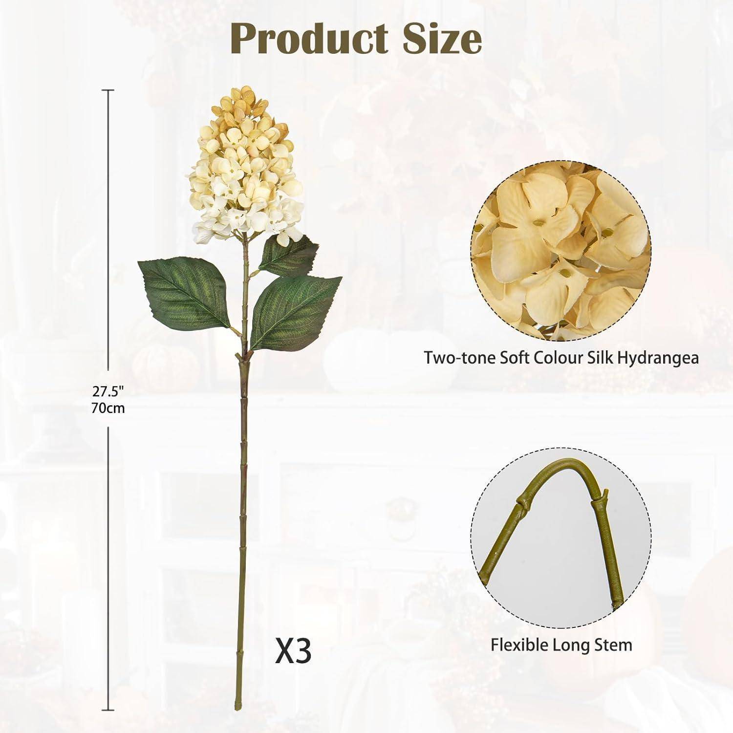 Zweifarbige Weiche Farbe Seiden-Hortensie mit flexiblem langem Stiel. Produktgröße: 70,5 cm hoch. Paket enthält drei Stück.