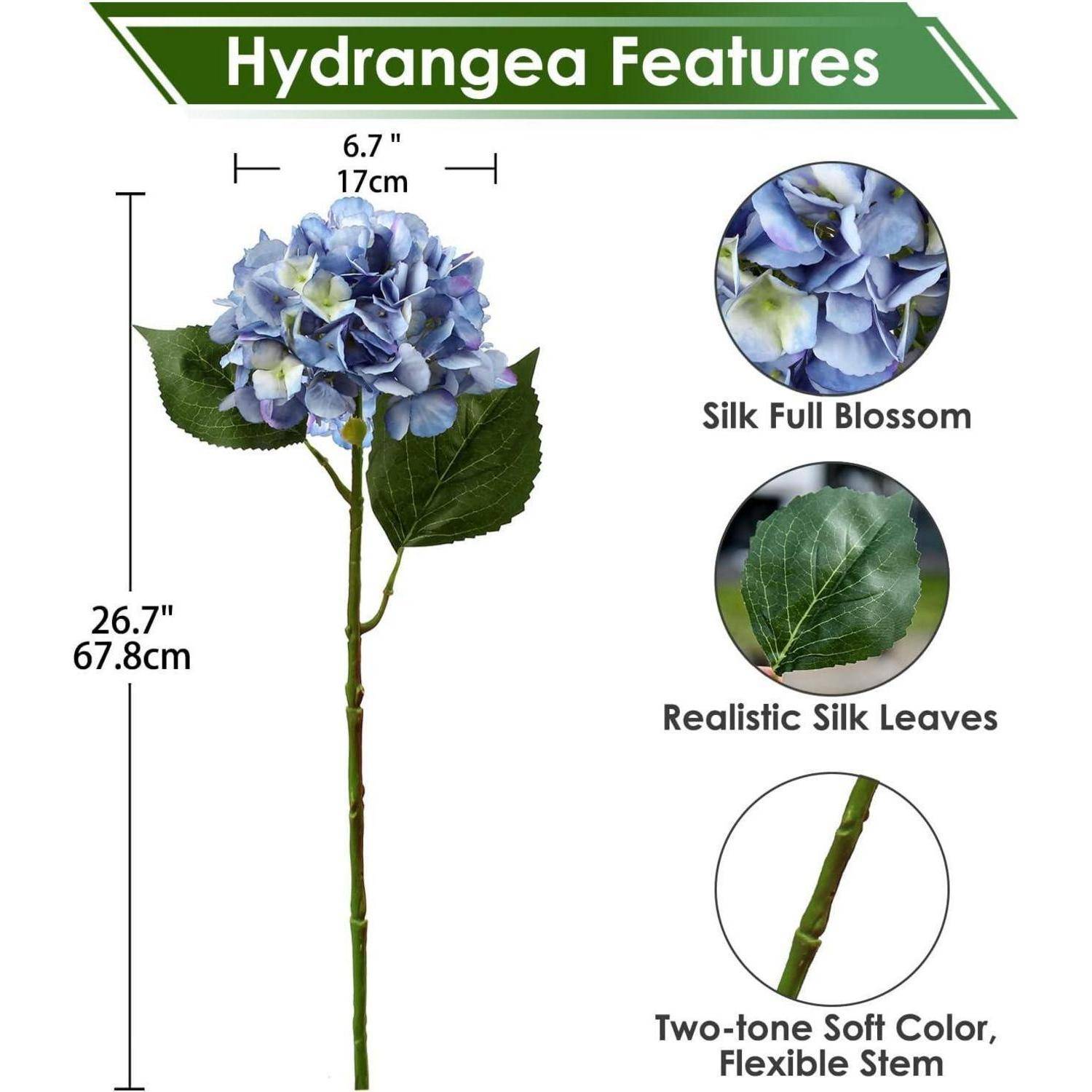 Hortensien-Merkmale: Seidenvolle Blüte, realistische Seidenblätter, zweifarbige weiche Farbe, flexibler Stiel; Höhe 26,7 Zoll (67,8 cm).