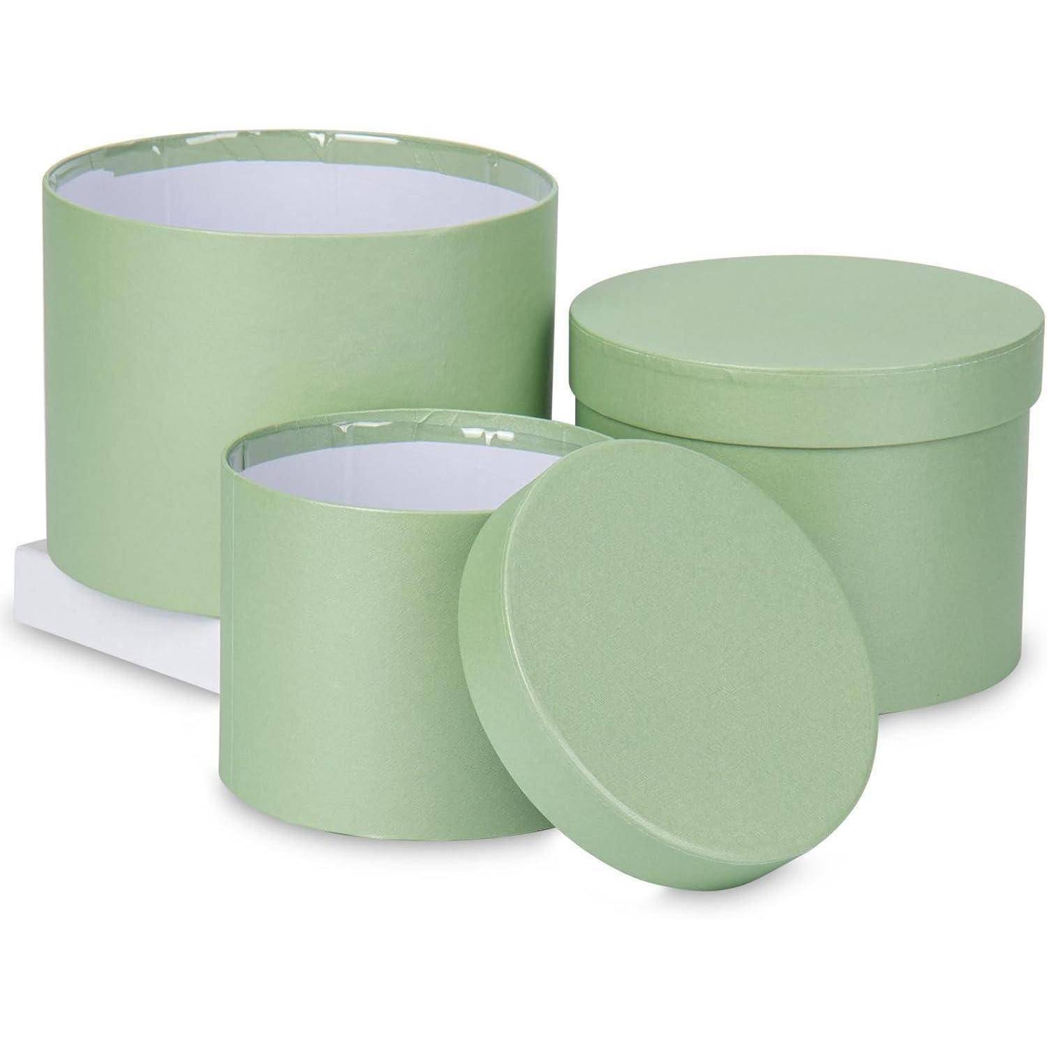 Runde Blumenboxen Set Ø15/17/20cm mit Deckel - Grün floraler