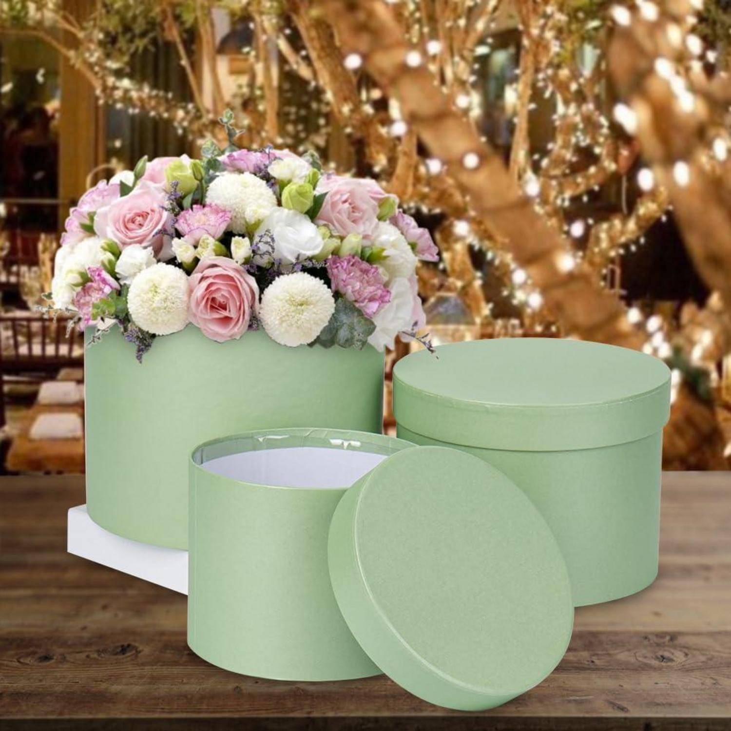 Runde Blumenboxen Set Ø15/17/20cm mit Deckel - Grün floraler