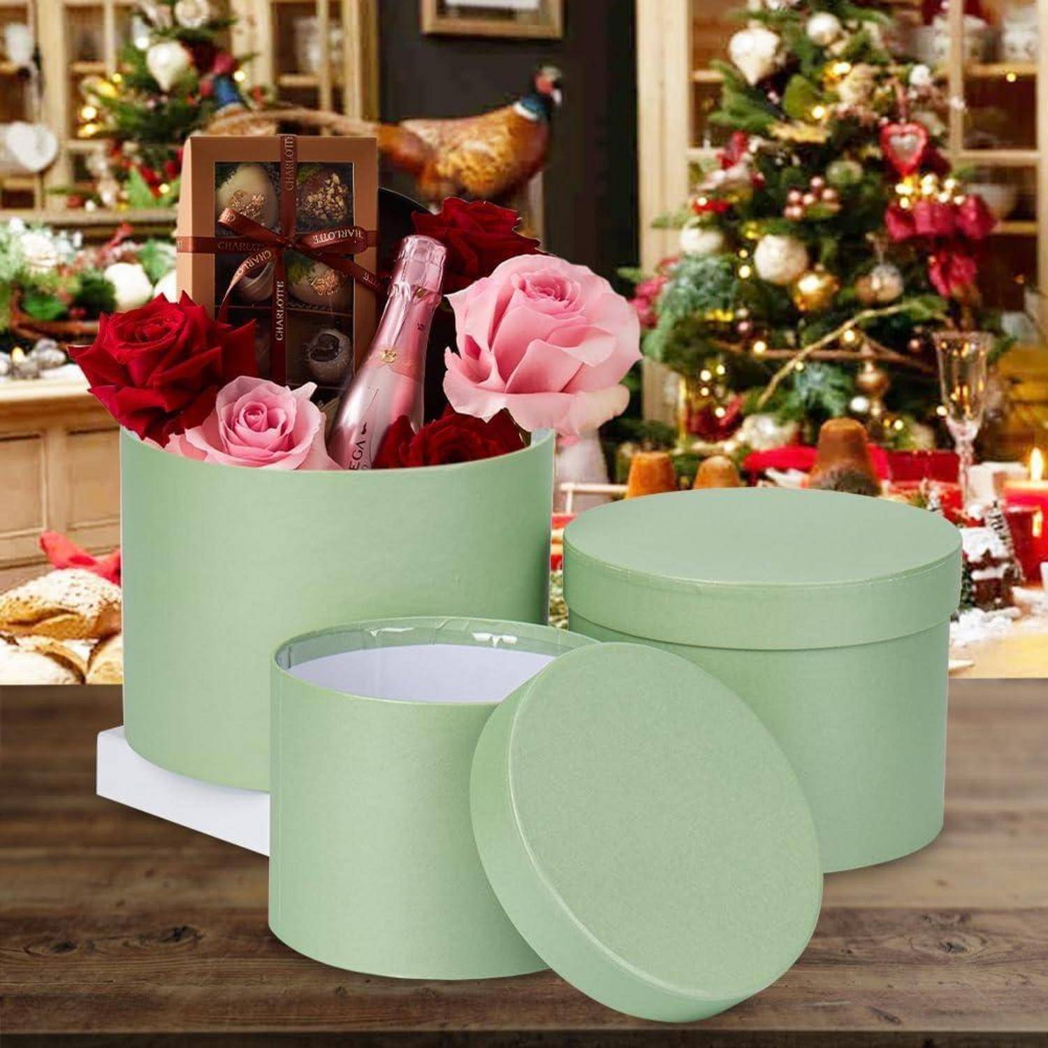 Runde Blumenboxen Set Ø15/17/20cm mit Deckel - Grün floraler