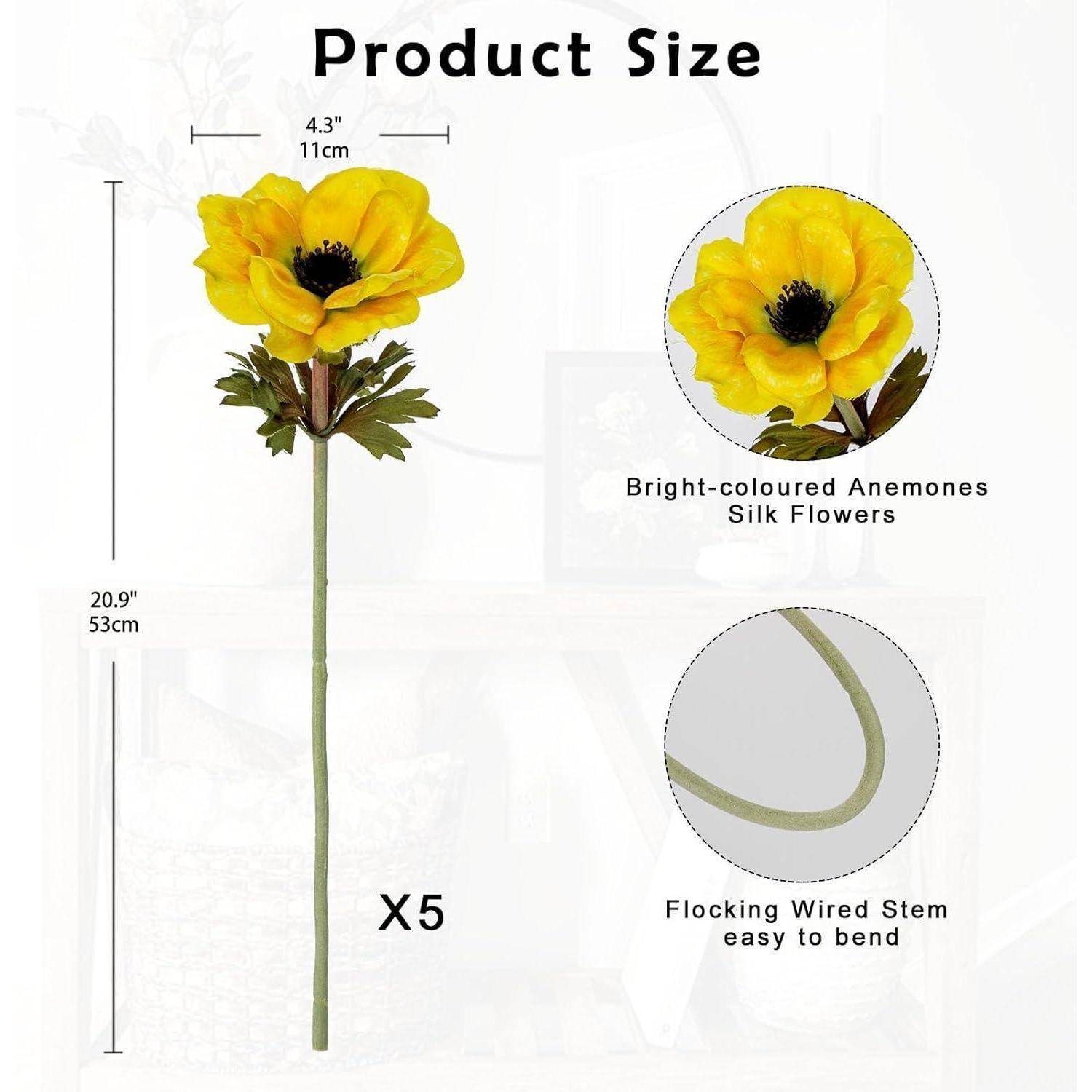 Künstliche Anemonen Gelbe Frühlingsblumen 5er Set 53 cm Dekoblumen für
