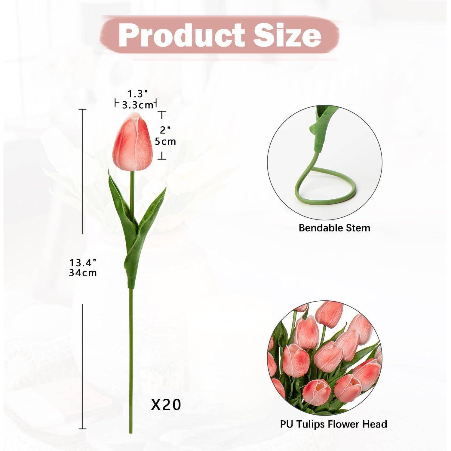 Darstellung einer PU-Tulpe mit einem 13,4-Zoll-Stängel. Wichtigste Merkmale sind der biegsame Stängel und ein 2-Zoll-großer Blütenkopf, erhältlich in einer 20er-Packung.