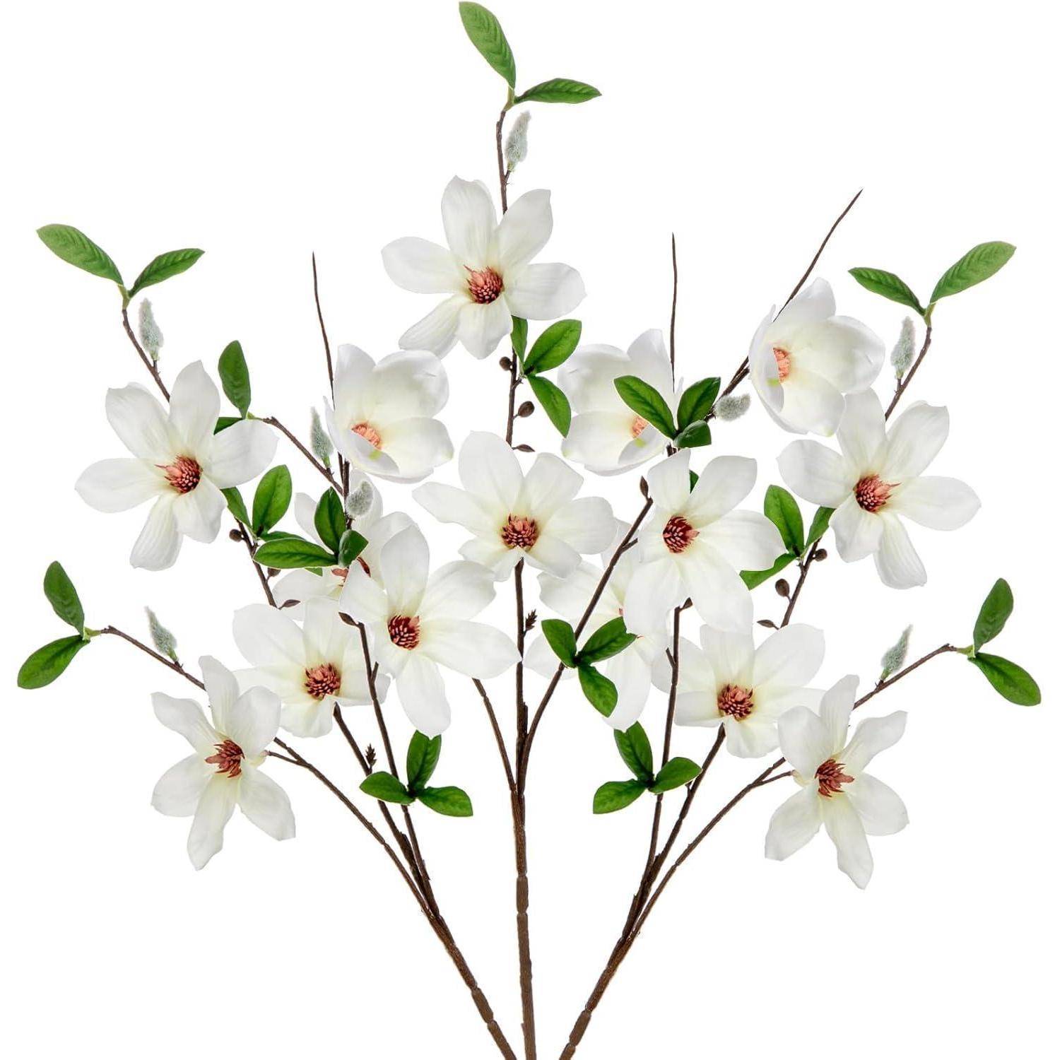 Kunstblumen Magnolie 3er Set Weiß Künstlicher Zweig Dekoration 64 cm