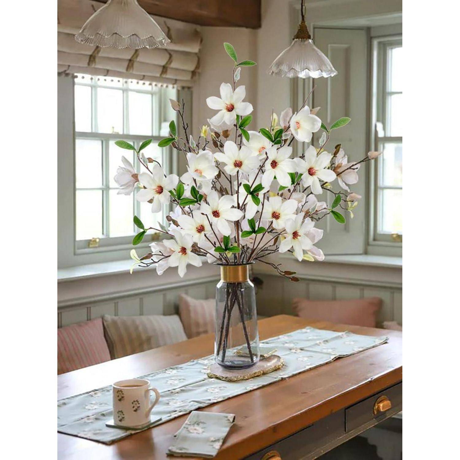 Kunstblumen Magnolie 3er Set Weiß Künstlicher Zweig Dekoration 64 cm