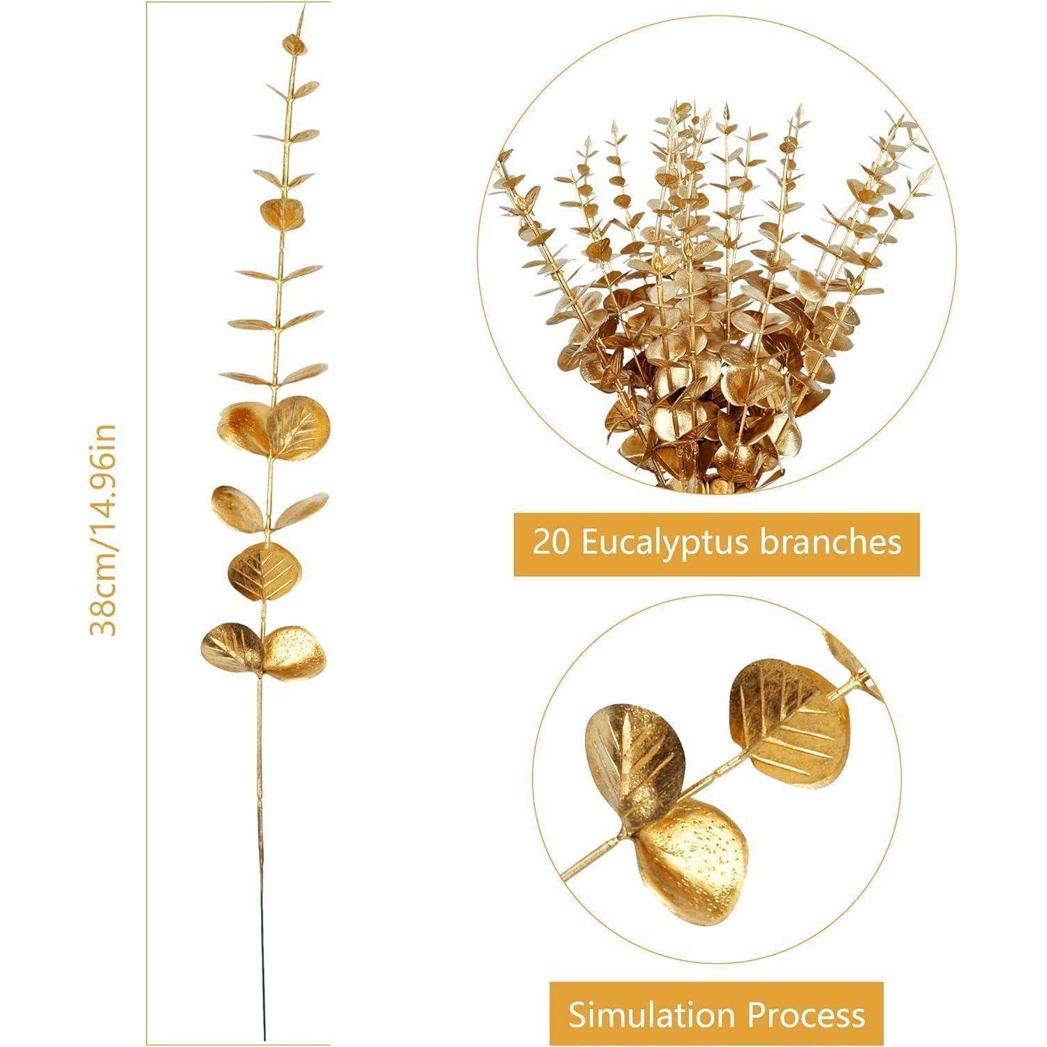 Goldener Eukalyptus Kunstpflanze mit 20 Zweigen, im Detail gezeigt und mit 38 cm vermessen. Als 'Simulationsprozess' gekennzeichnet.
