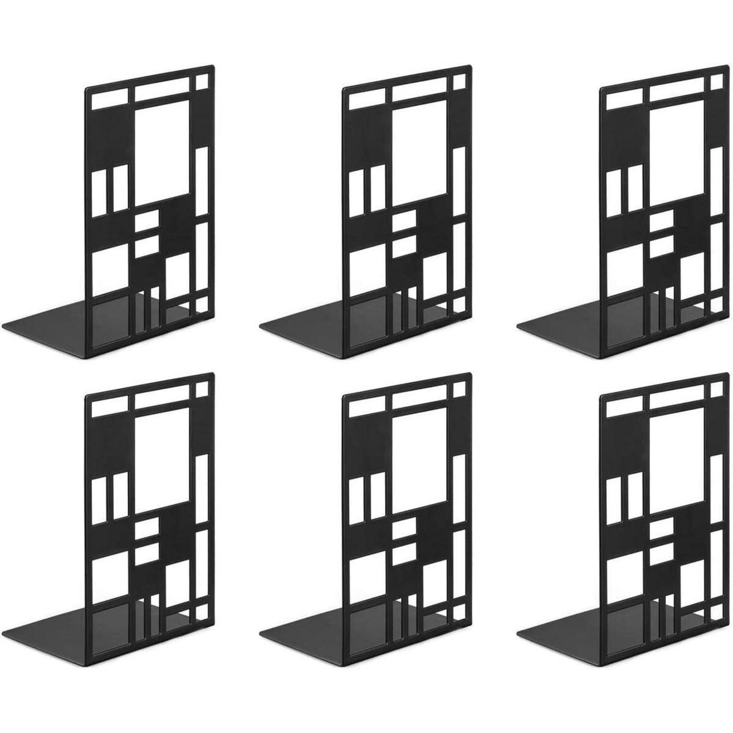 Sechsteilige schwarze geometrische Buchstützen mit modernem Quadrat- und Rechteckmuster, auf weißem Hintergrund präsentiert.
