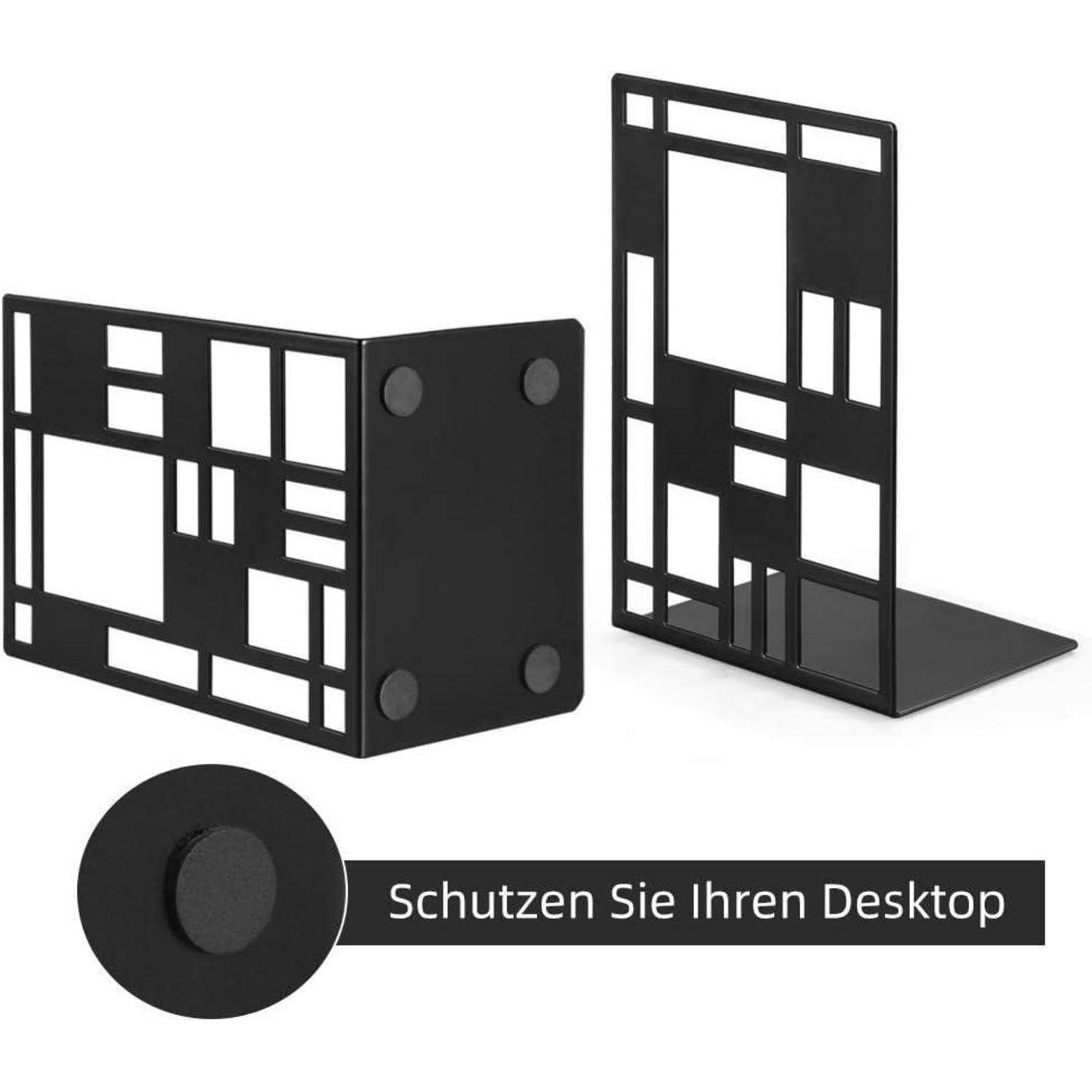Schützen Sie Ihren Desktop': Zwei schwarze Metallbuchstützen mit geometrischem Ausschnittdesign und Gummipads an der Unterseite, nebeneinander aufgestellt.