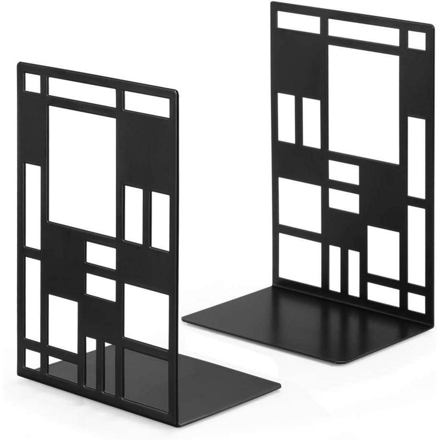Zwei schwarze Buchstützen mit einem minimalistischen geometrischen Muster aus Rechtecken und Quadraten, entworfen für moderne Heim- oder Büroeinrichtung.