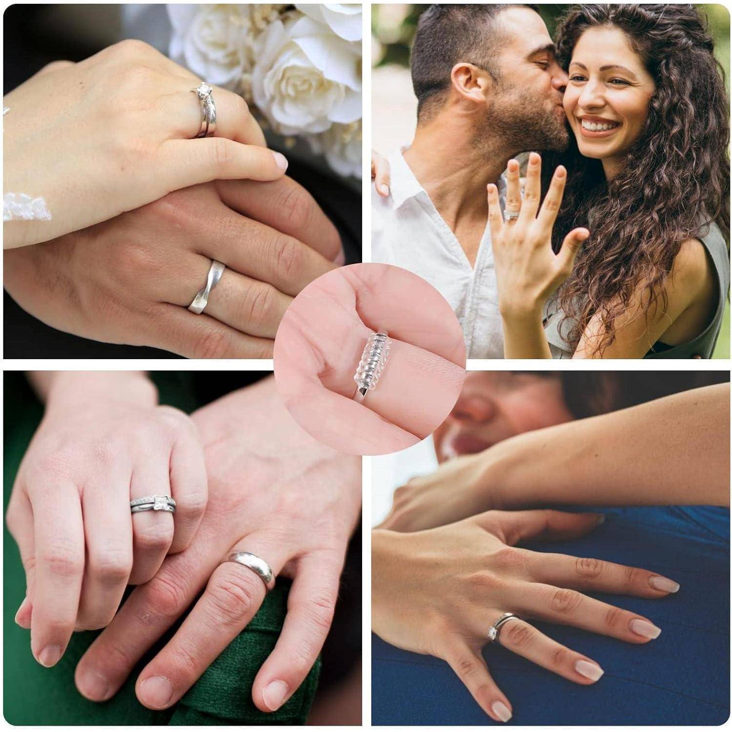 Eine Collage, die Paare mit Verlobungsringen zeigt, die Freude und Intimität ausstrahlen. Ein zentrales kreisförmiges Inset hebt einen Nahaufnahme eines Rings hervor.