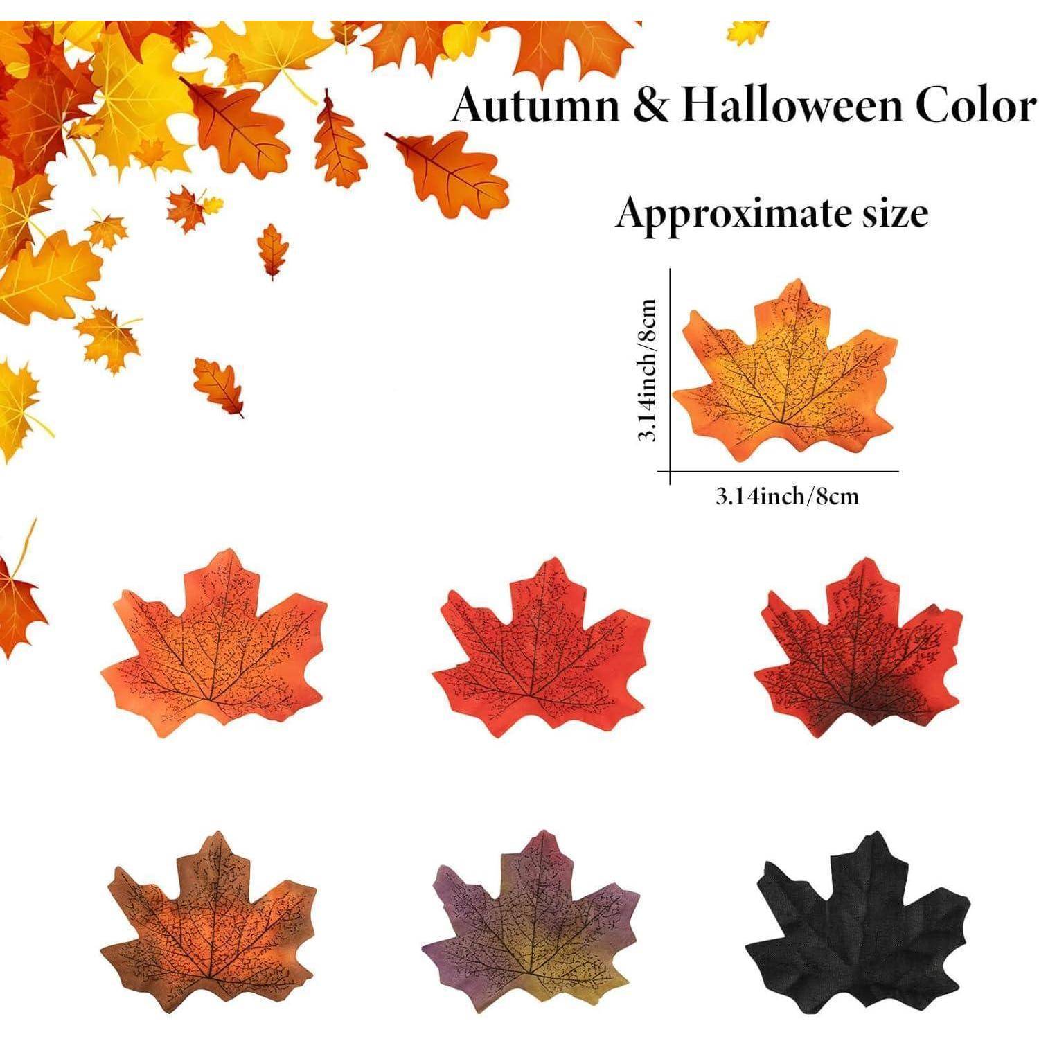 Herbst & Halloween Farben' dekorative Ahornblätter in verschiedenen Schattierungen. Gezeigte Größe: 3,14 Zoll/8 cm. Blätter sind orange, rot und dunkel.