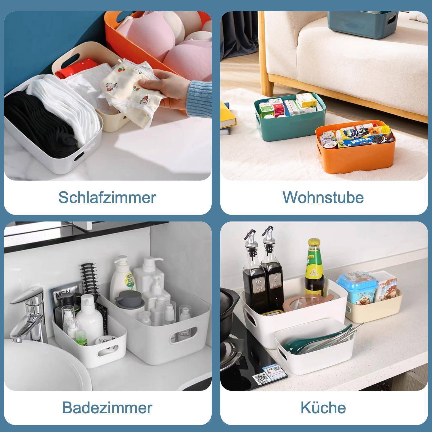 Vier Bilder zeigen Aufbewahrungsbehälter, die in verschiedenen Räumen verwendet werden: 'Schlafzimmer', 'Wohnstube', 'Badezimmer', 'Küche'. Jeder Behälter enthält passende Gegenstände für den jeweiligen Raum.