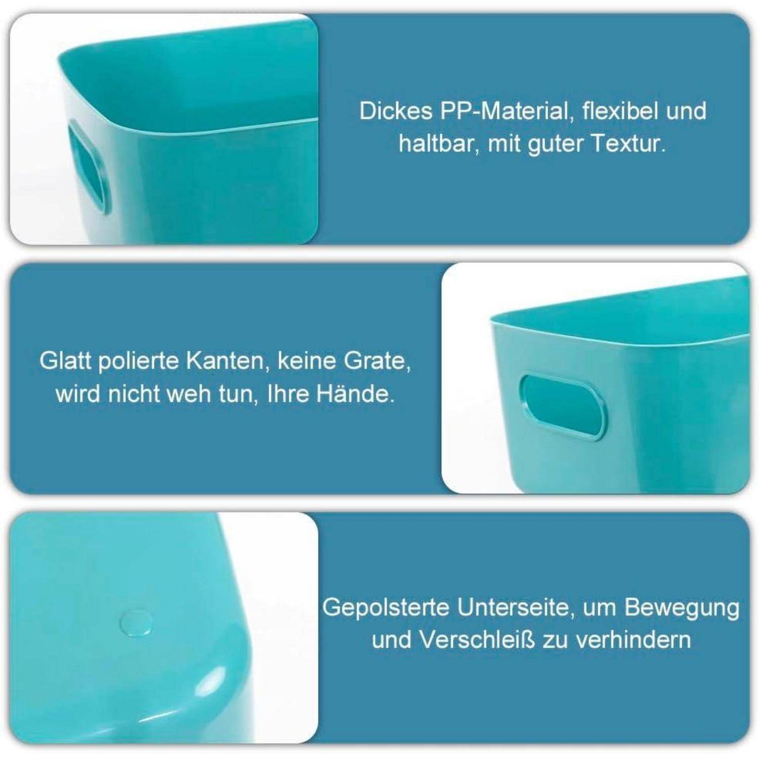 Türkisfarbener Kunststoffbehälter mit Griff und glatten Kanten. Text auf Deutsch beschreibt seine Flexibilität, Langlebigkeit, glatten Kanten und rutschfeste Basis.
