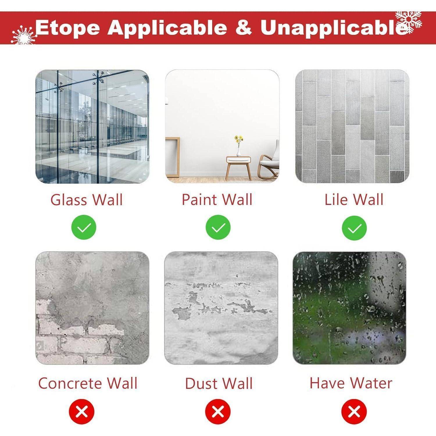 Etope Anwendbar & Nicht Anwendbar' Leitfaden zeigt Kompatibilität: Glaswand, Lackierte Wand, Geflieste Wand (✓); nicht für Betonwand, Staubwand, Feuchte Wand (✗).