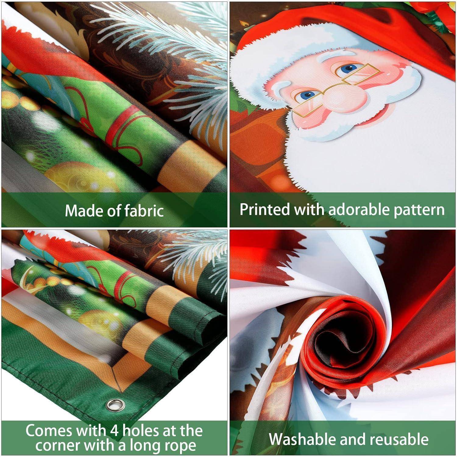 Collage eines Weihnachtsbanners aus Stoff mit Weihnachtsmann. Text: 'Aus Stoff gefertigt', 'Mit niedlichem Muster bedruckt', 'Kommt mit 4 Löchern an den Ecken und einem langen Seil', 'Waschbar und wiederverwendbar'.