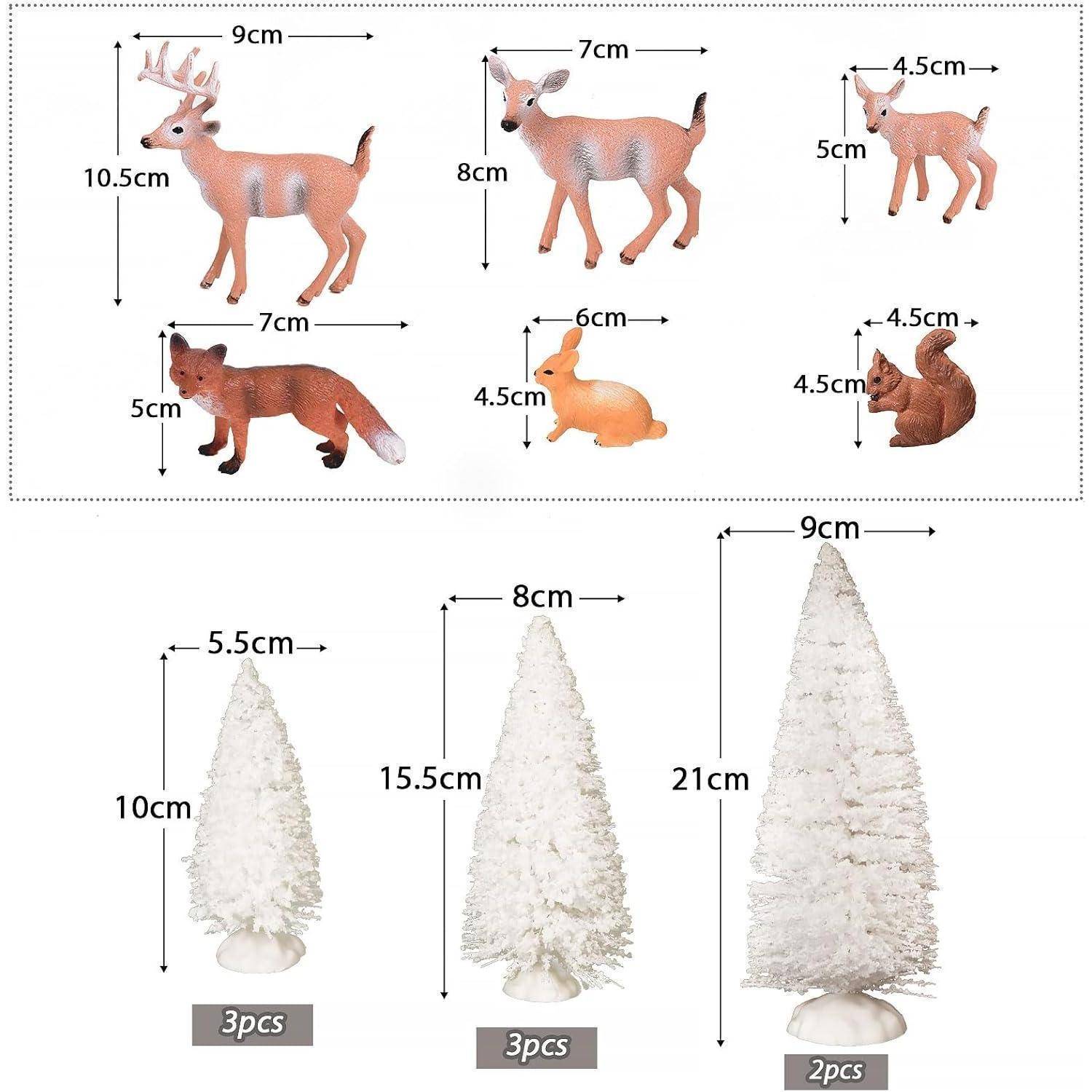 Satz von Kunststoff-Tier- und Baumfiguren mit Maßen: Hirsch, 9cm; Fuchs, 4,5cm; Hase, 4,5cm; Eichhörnchen, 4,5cm. Bäume: 10cm, 15,5cm, 21cm. Verschiedene Mengen pro Typ.