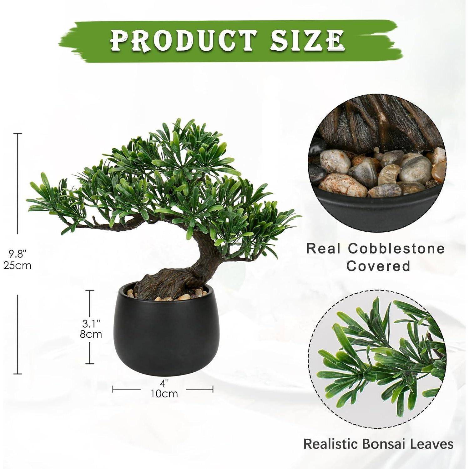Produktgröße': Bonsai-Baum in einem 10 cm Topf, 25 cm hoch. Ausgestattet mit realistischen Bonsai-Blättern und einer echten pflastersteinbedeckten Basis.