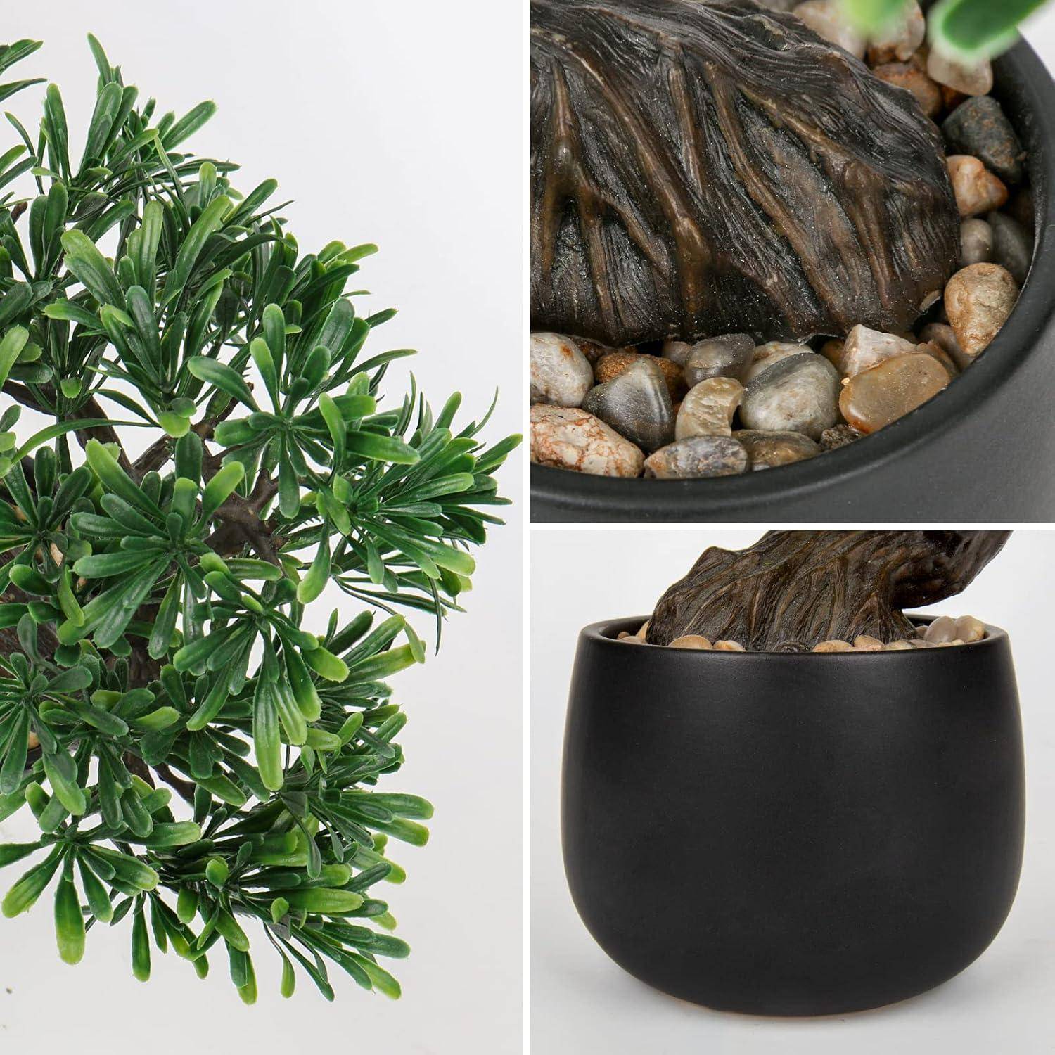 Nahaufnahme-Collage eines Bonsai-Baumes mit üppig grünen Blättern, strukturierter Baumrinde und glatter schwarzer Schale mit kleinen Kieseln am Boden.