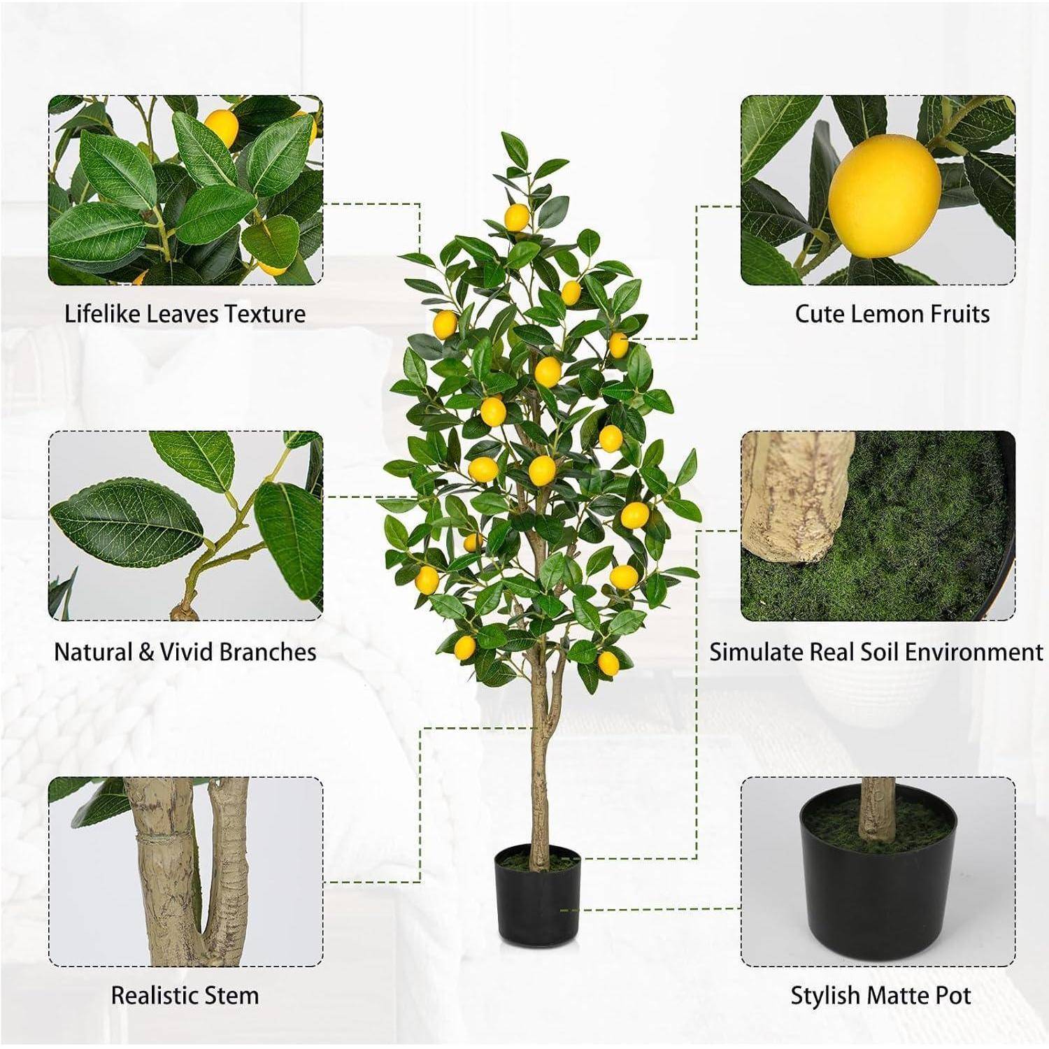 Künstlicher Zitronenbaum mit folgenden Merkmalen: ‚Naturgetreue Blattstruktur', ‚Niedliche Zitronen', ‚Natürliche und lebendige Äste', ‚Simulierte echte Bodenumgebung', ‚Realistischer Stamm', ‚Stilvoller matter Topf'.
