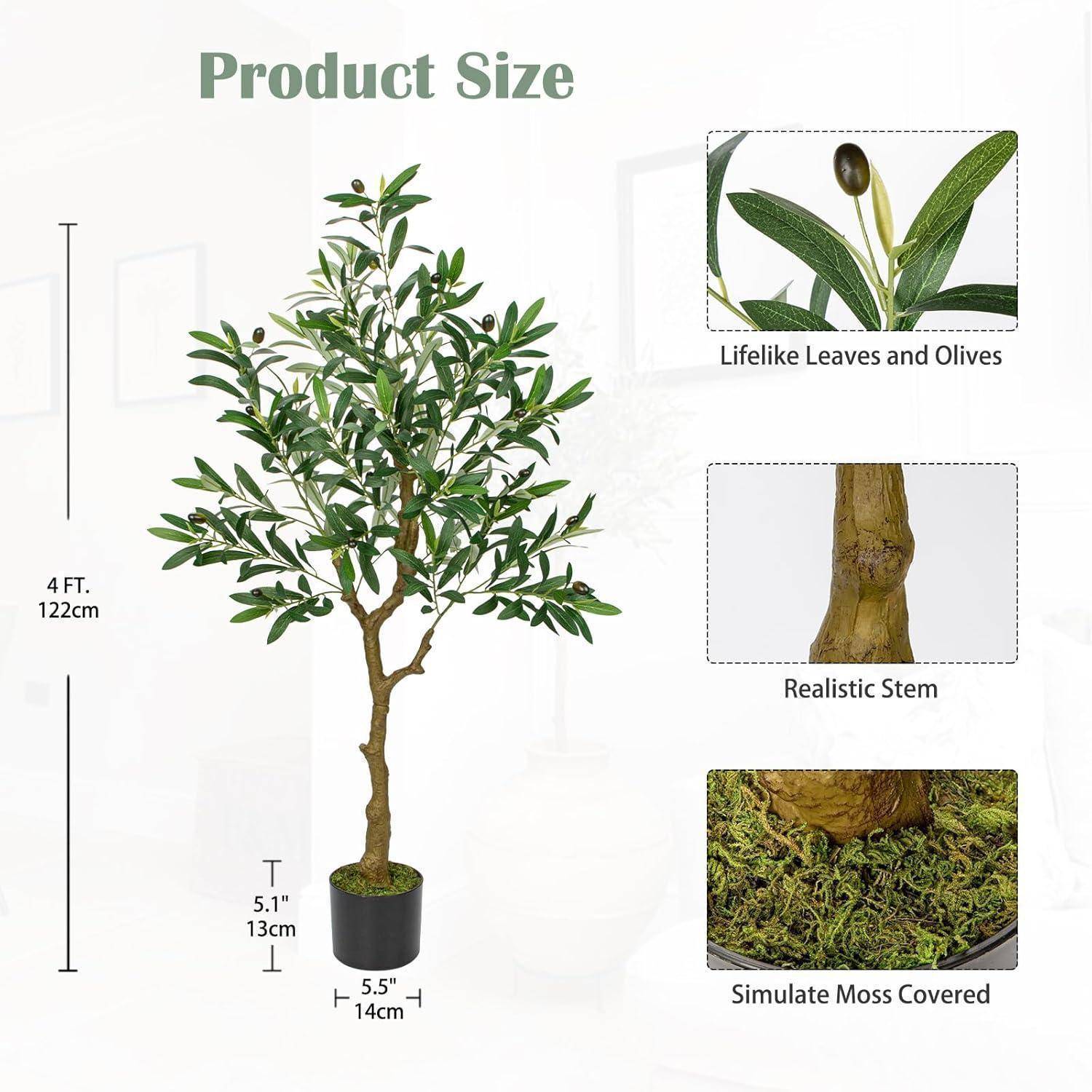 Produktgröße: 4 ft (122 cm) künstlicher Olivenbaum mit naturgetreuen Blättern und Oliven, realistischem Stamm und simulierter moosbedeckter Basis.