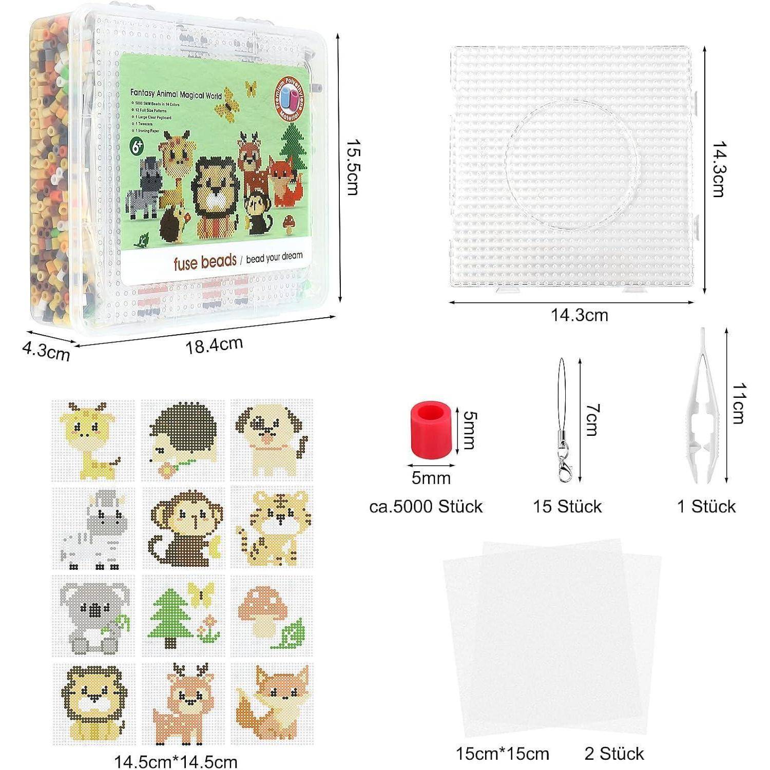 Fuse Beads Set enthält 5000 Perlen, Steckbretter, Pinzette, Bügelfolie und Pixel-Art-Vorlagen mit verschiedenen Tieren.