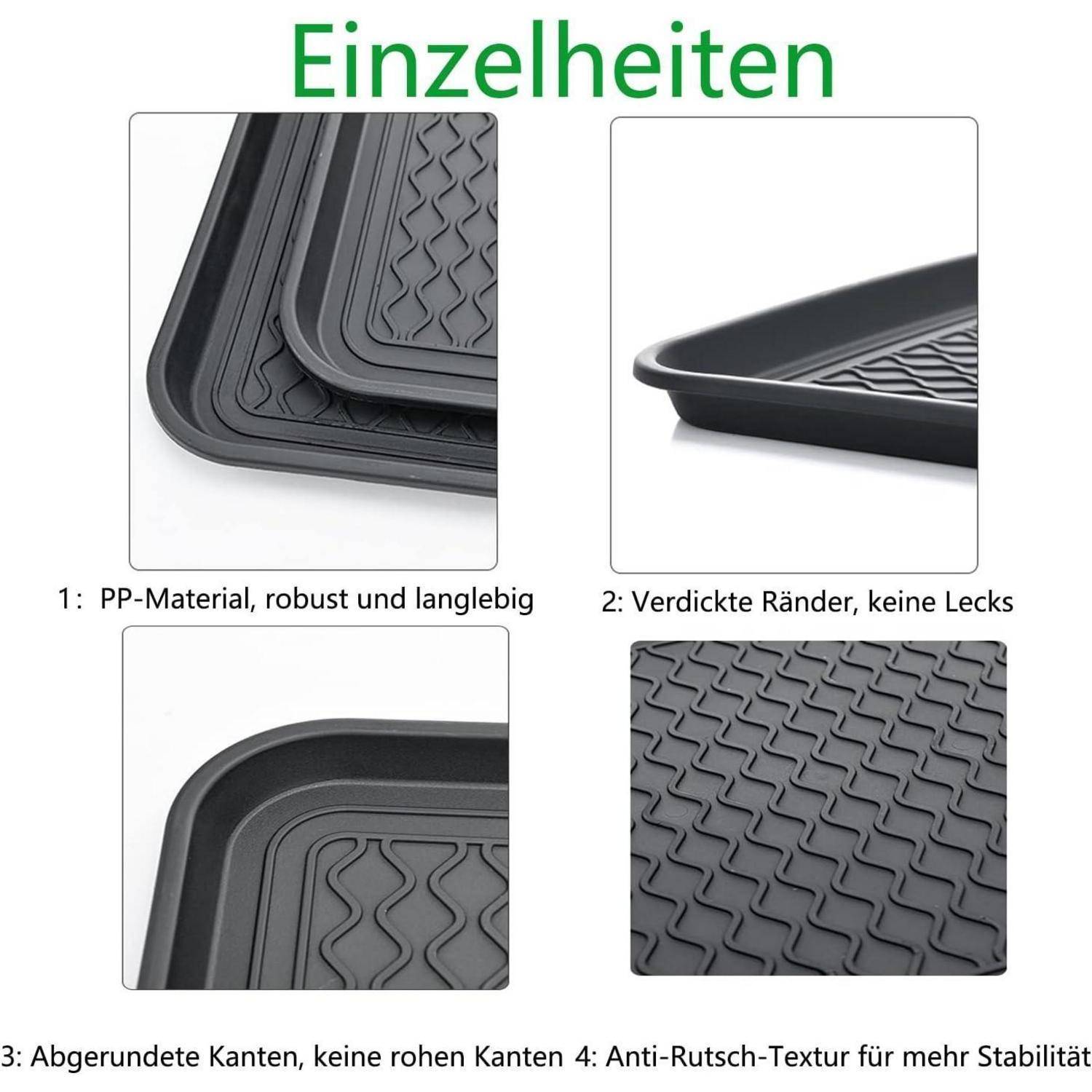 Schwarze Tabletts mit strukturierten Oberflächen und glatten, verstärkten Kanten werden gezeigt. Etiketten heben ihre Haltbarkeit, Lecksicherheit, abgerundete Ecken und rutschhemmende Textur hervor.