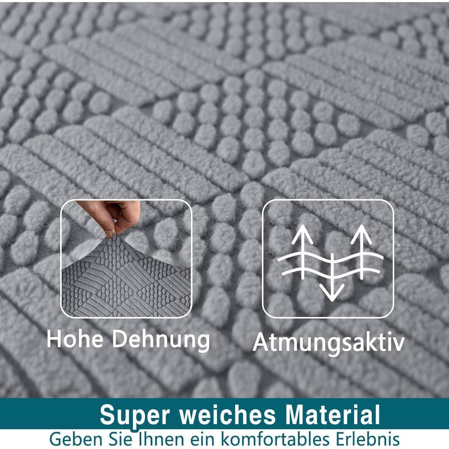 Ein strukturierter Stoff wird gezeigt mit zwei Symbolen: ein Symbol für dehnbaren Stoff, beschriftet mit 