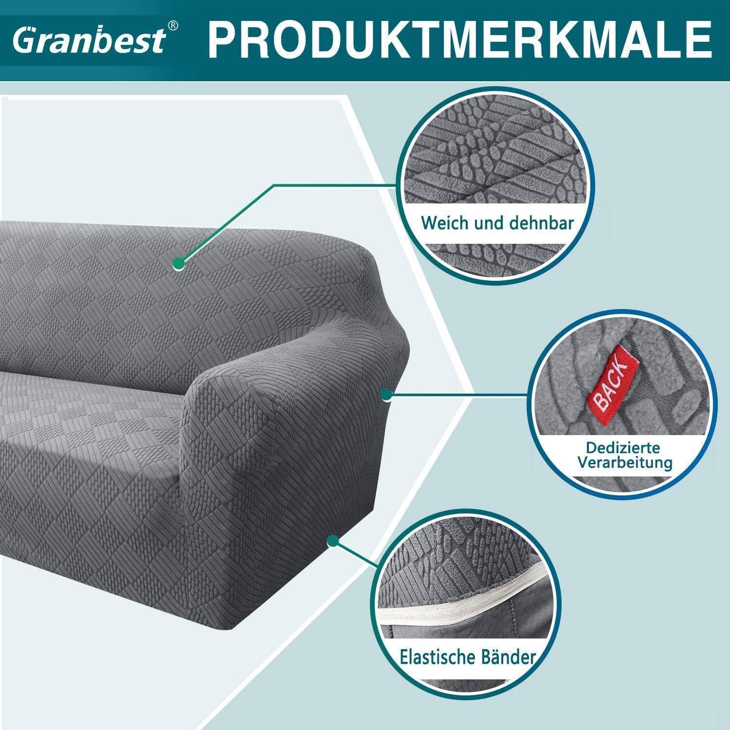 Ein grauer Couchbezug mit der Aufschrift 'PRODUKTMERKMALE': weich/dehnbar, detaillierte Handwerkskunst, elastische Bänder. Zeigt Nahaufnahmen von Stofftexturen.