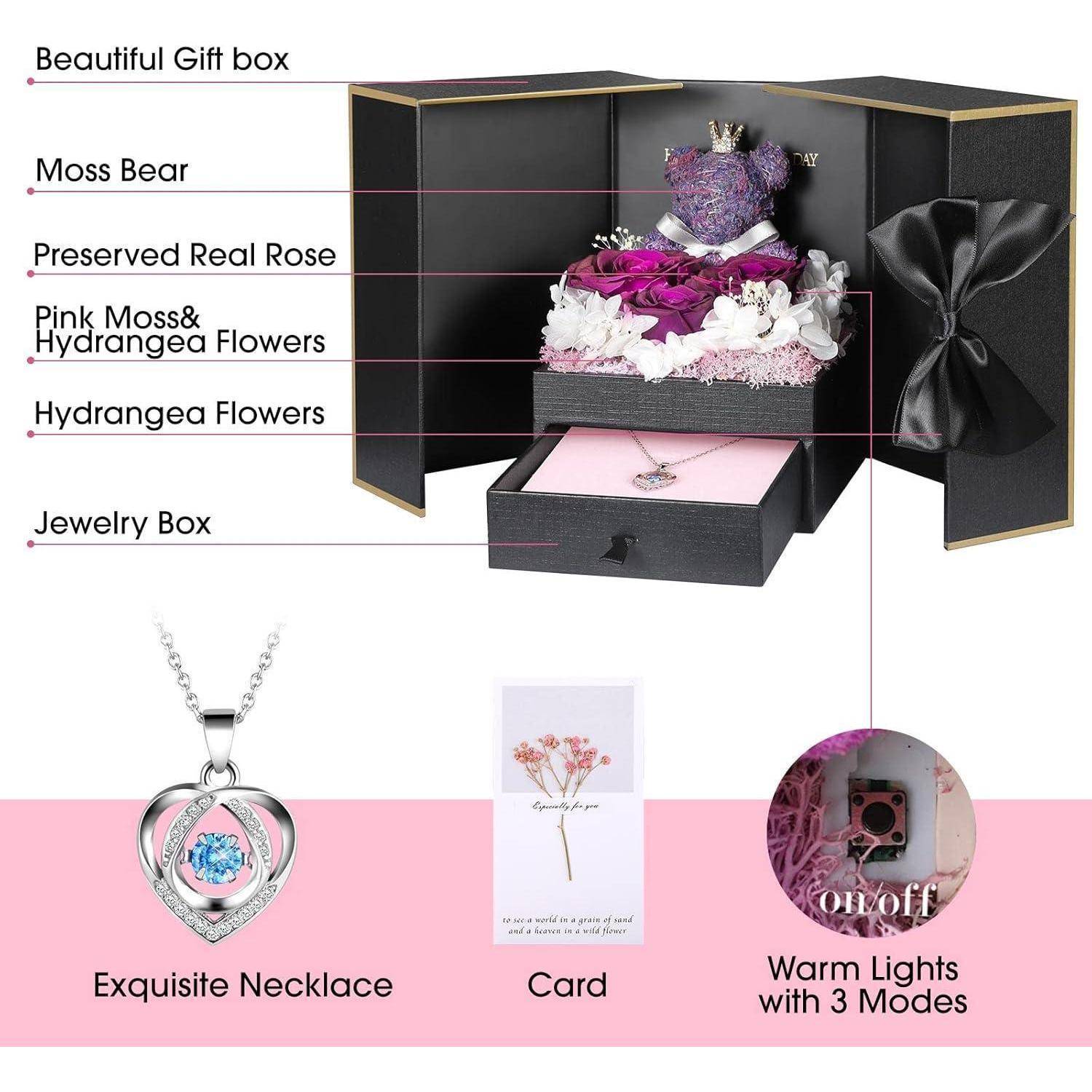 Schöne Geschenkbox' enthaltend: Moosiger Bär, Konservierte echte Rose, Rosa Moos & Hortensienblumen, Hortensienblumen, Schmuckschatulle. Beinhaltet Halskette, Karte und warme Lichter mit 3 Modi.