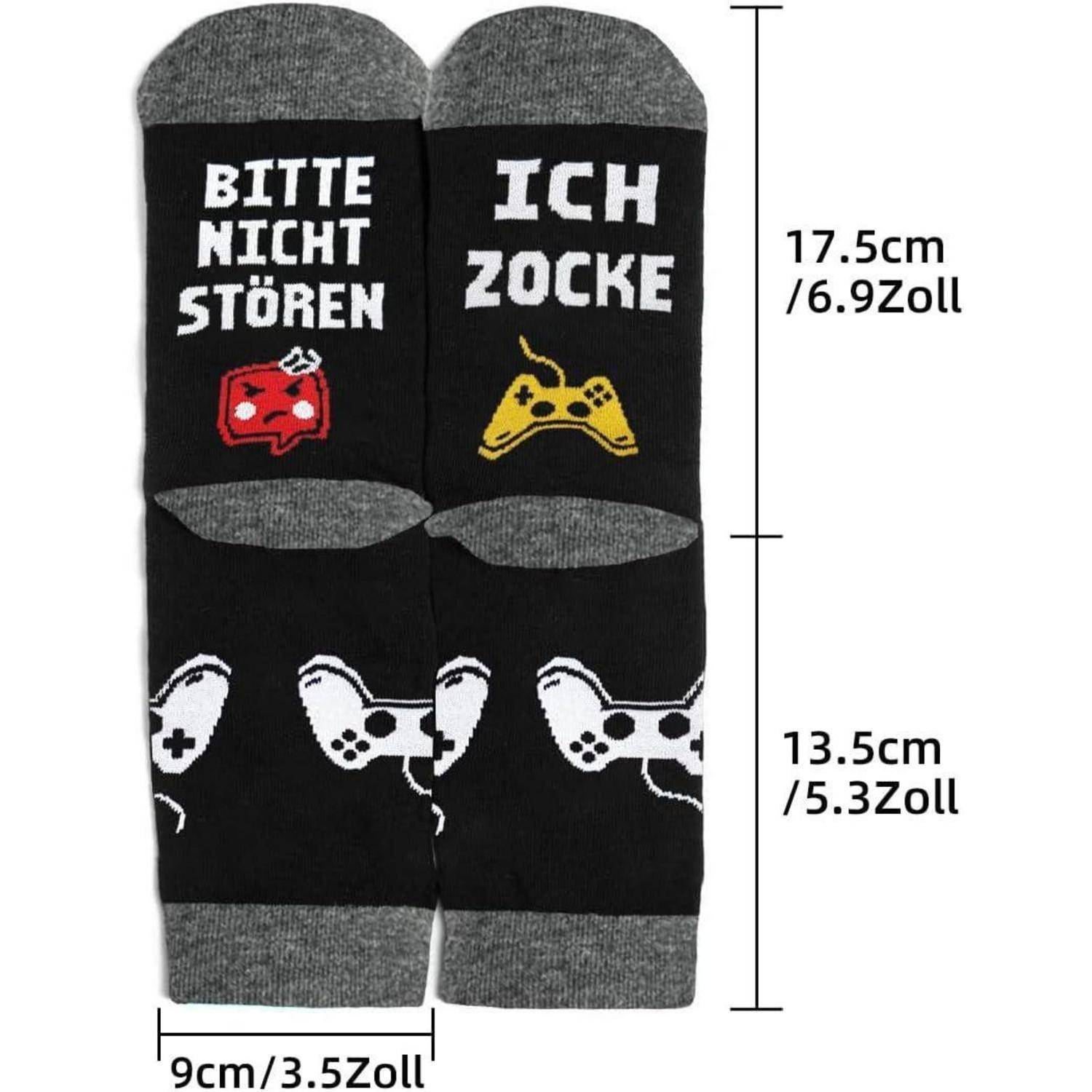 Lustige schwarze Socken mit dem Aufdruck 'Bitte nicht stören, ich zocke', mit Spielcontroller-Motiven, Größe 17,5 cm/6,9 Zoll und 13,5 cm/5,3 Zoll.