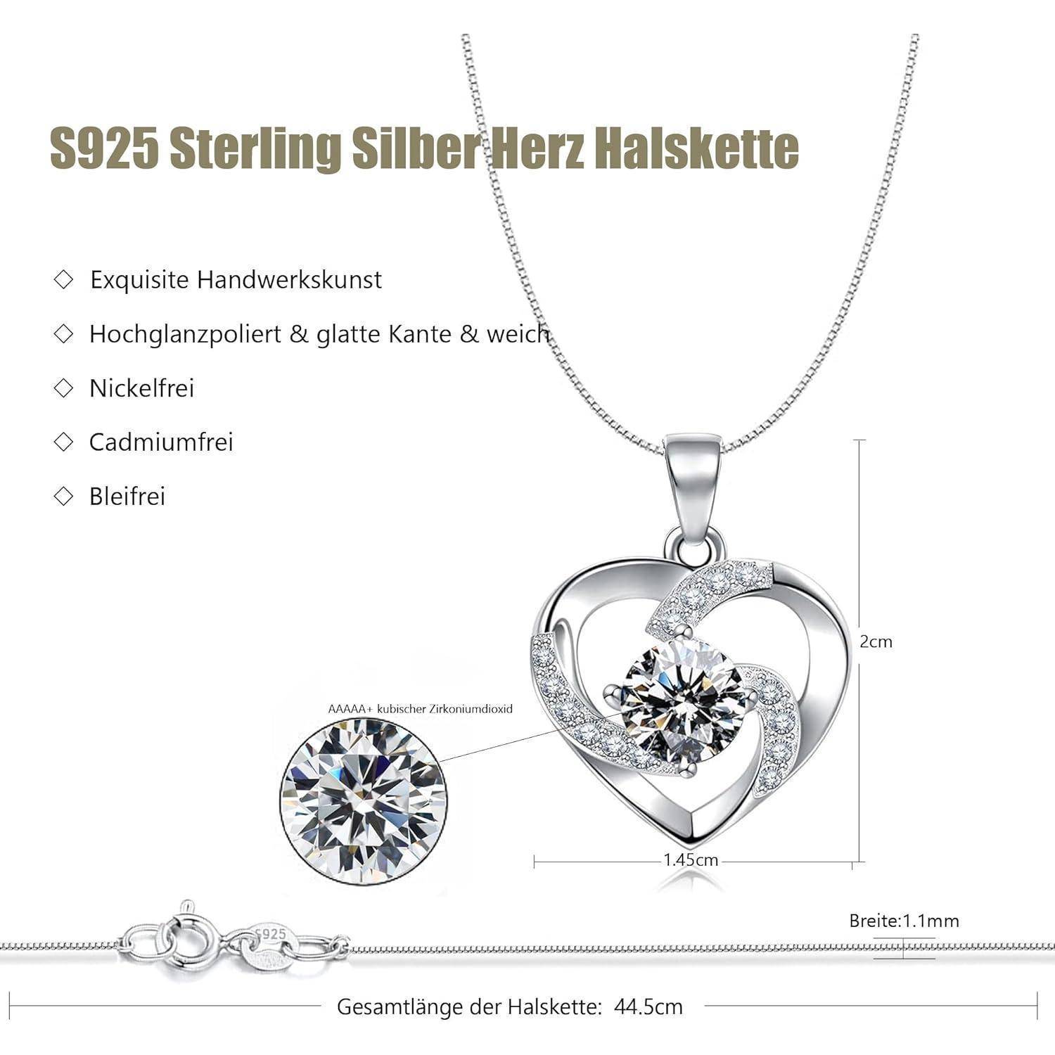S925 Sterling Silber Herz Halskette' wird dargestellt, mit aufwendiger Handwerkskunst, einem Herzdesign mit einem zentralen Edelstein und angegebenen Abmessungen.