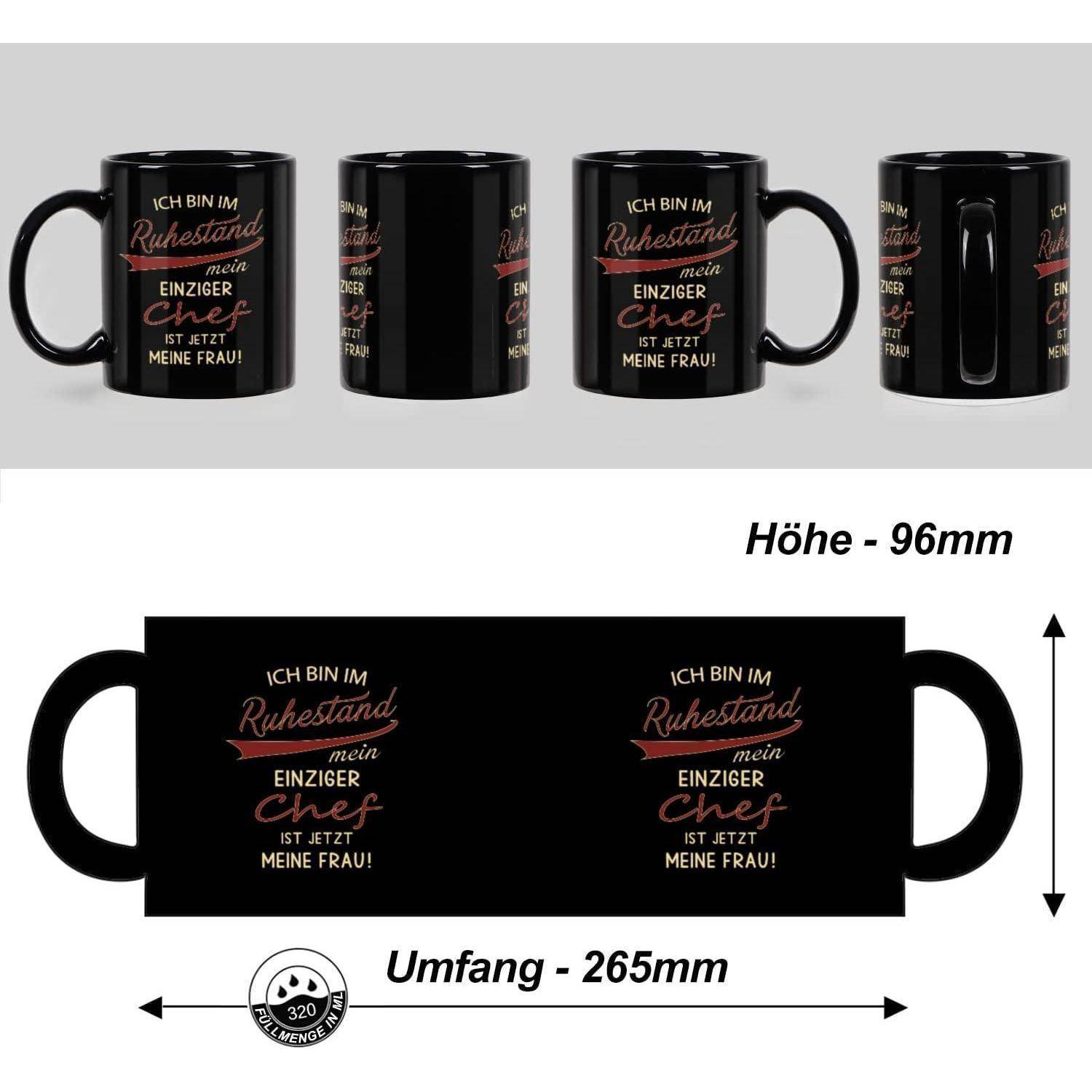 Schwarze Kaffeetasse mit deutschem Text: 