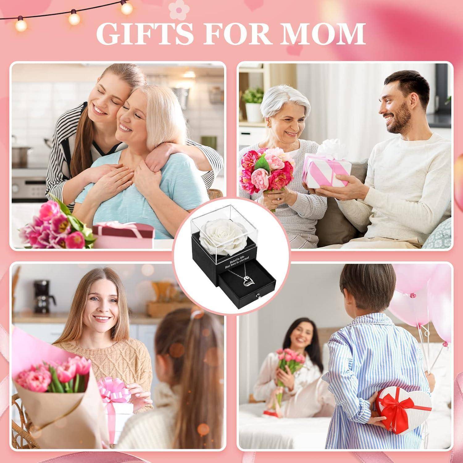 Collage, der Familienmitglieder zeigt, die Geschenke, Blumen und Umarmungen überreichen, mit dem Text 