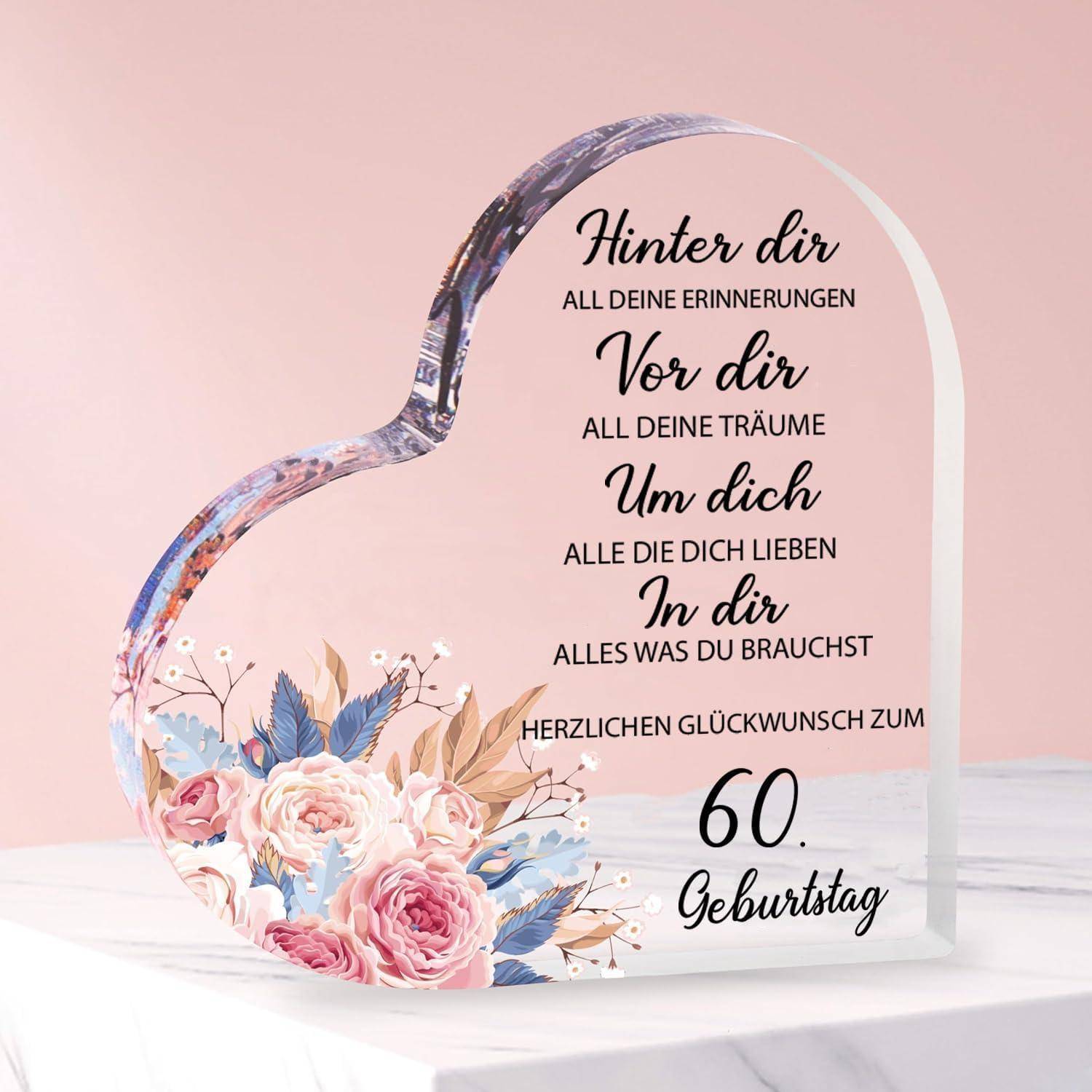 Herz-förmige Plakette mit floraler Gestaltung und deutschem Text zum 60. Geburtstag.
