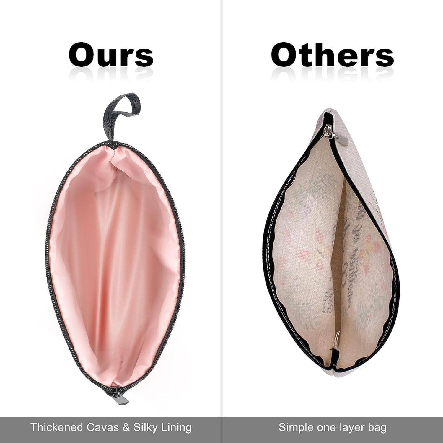 Vergleich zweier Taschen: linke Tasche hat verstärktes Segeltuch und seidigen Futterstoff; rechte Tasche ist ein einfaches einlagiges Design.