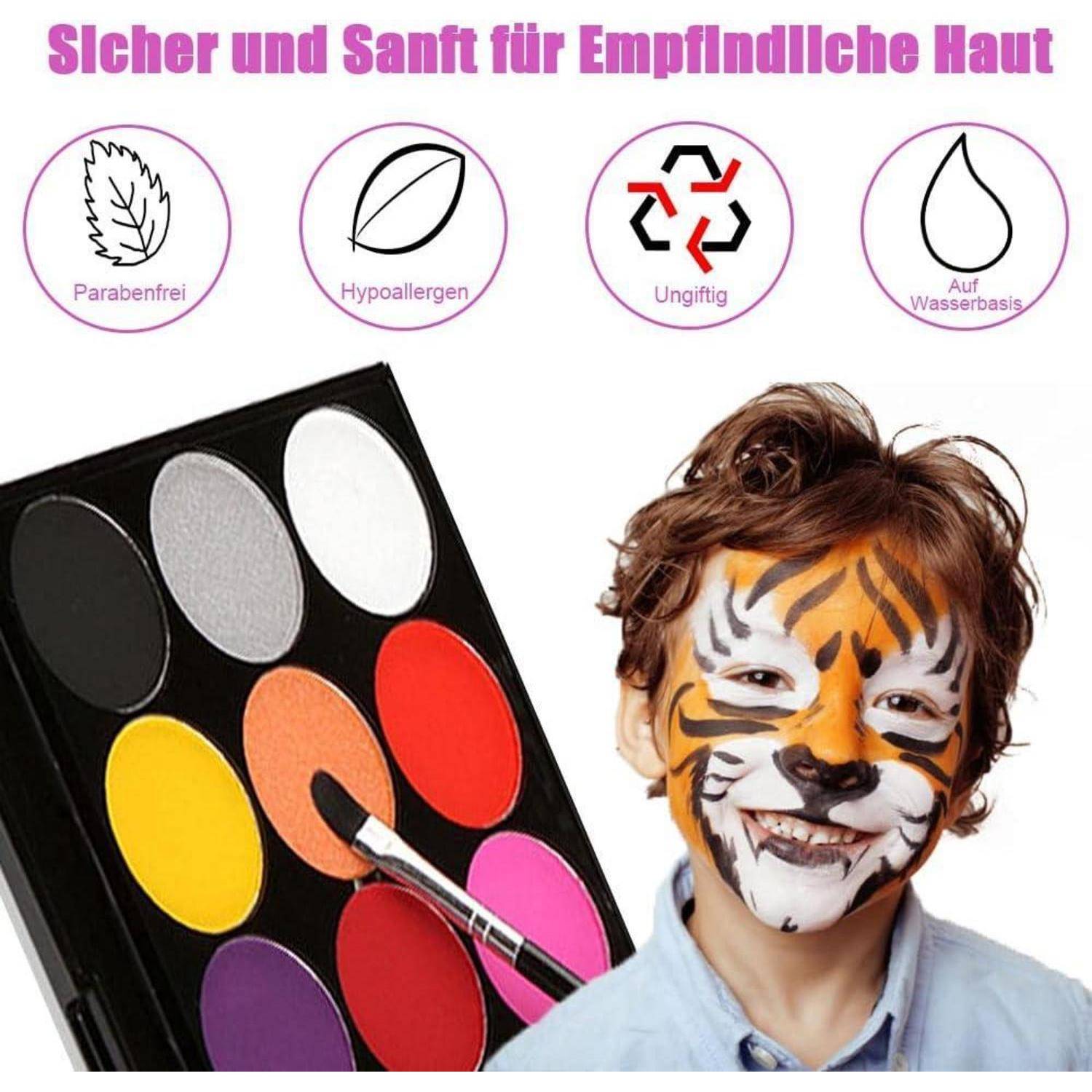 Ein Kind mit Tigerbemalung lächelt neben einer Palette bunter Farben und einem Pinsel. Der deutsche Text hebt Sicherheitsmerkmale für die Haut hervor.