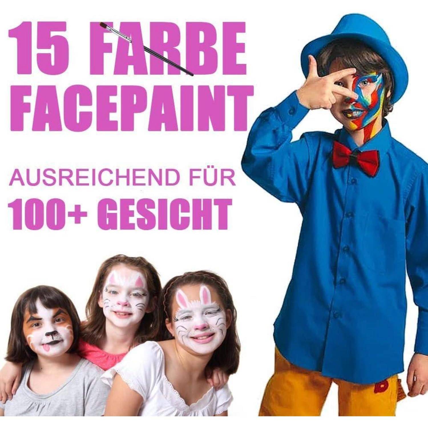 Ein Kind mit bunter Gesichtsmalerei posiert mit drei lächelnden Mädchen, die ebenfalls geschminkt sind. Text: '15 Farben Facepaint. Ausreichend für 100+ Gesichter.
