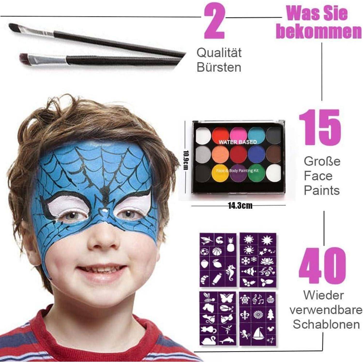 Kind mit blauer Superhelden-Schminkfarbe. Enthält 2 hochwertige Pinsel, 15 große Schminkfarben und 40 wiederverwendbare Schablonen im Set.