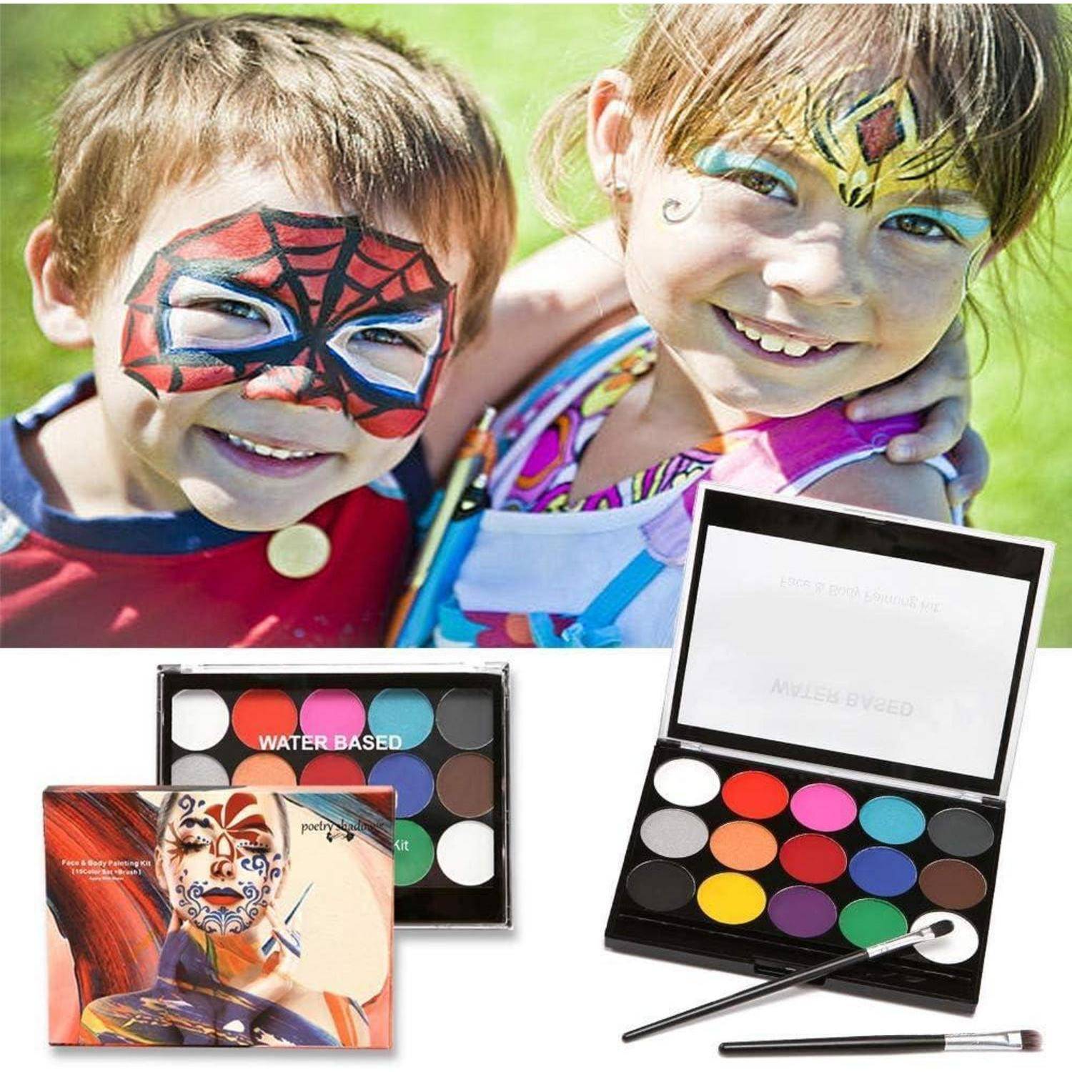 Zwei Kinder mit bunter Gesichtsfarbe lächeln in die Kamera. Darunter wird ein Set von wasserbasierenden Schminkfarben und Pinseln präsentiert.