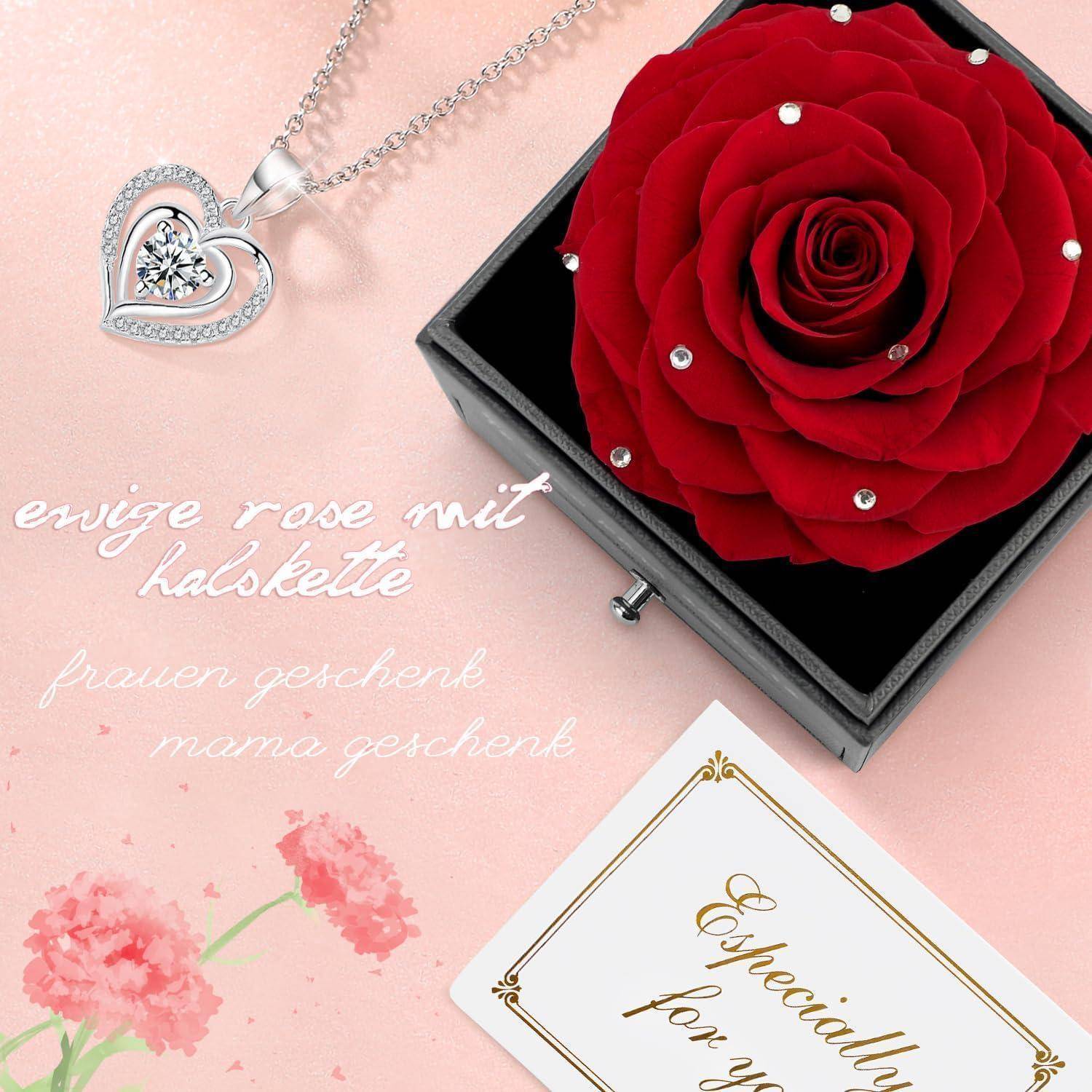 Eine rote Rose mit Perlenakzenten in einer schwarzen Box, kombiniert mit einer herzförmigen Anhängerkette. Der deutsche Text deutet auf ein Geschenk für Mütter hin.