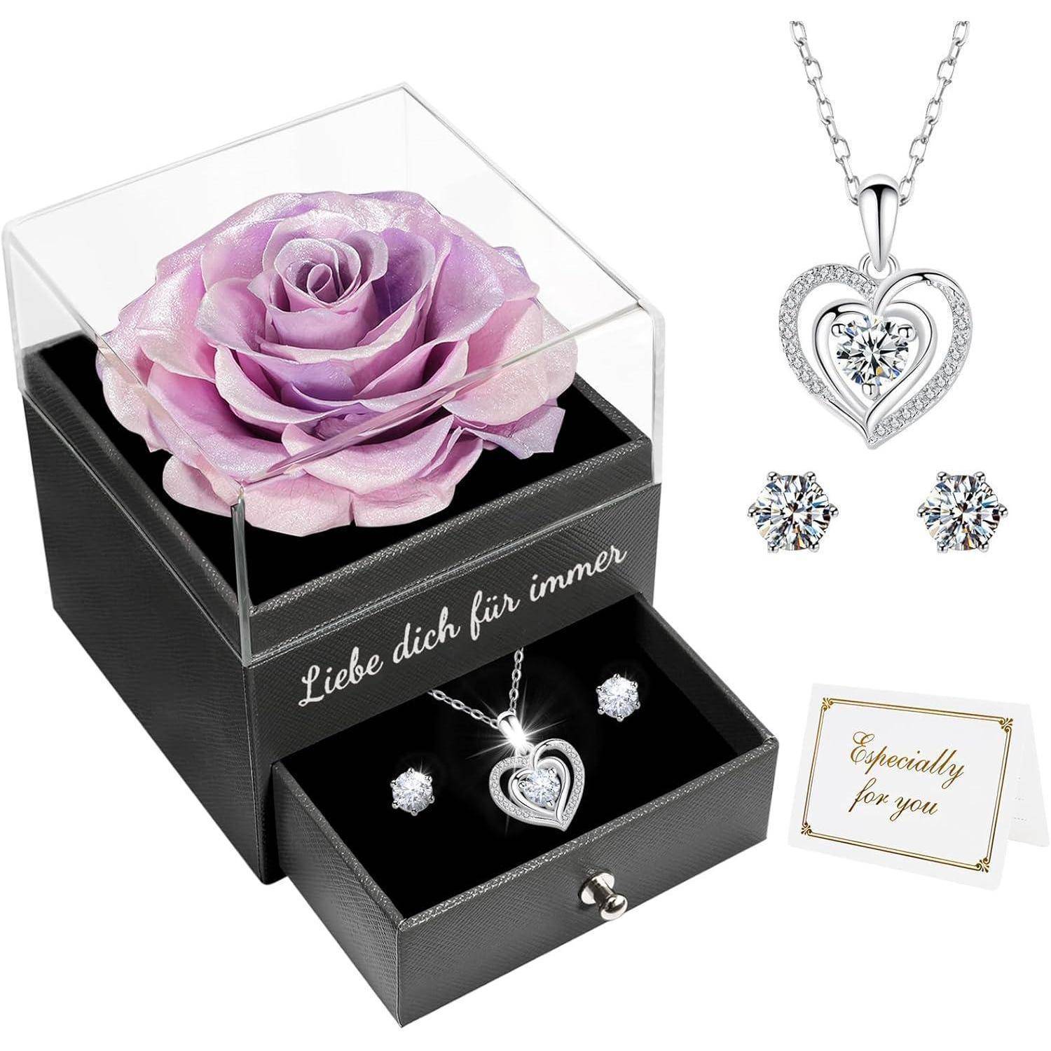 Eine Rose in einer Box mit 'Liebe dich für immer' und einem Schmuckset: Herzanhänger, Ohrringe. Eine Karte liest sich 'Besonders für dich.