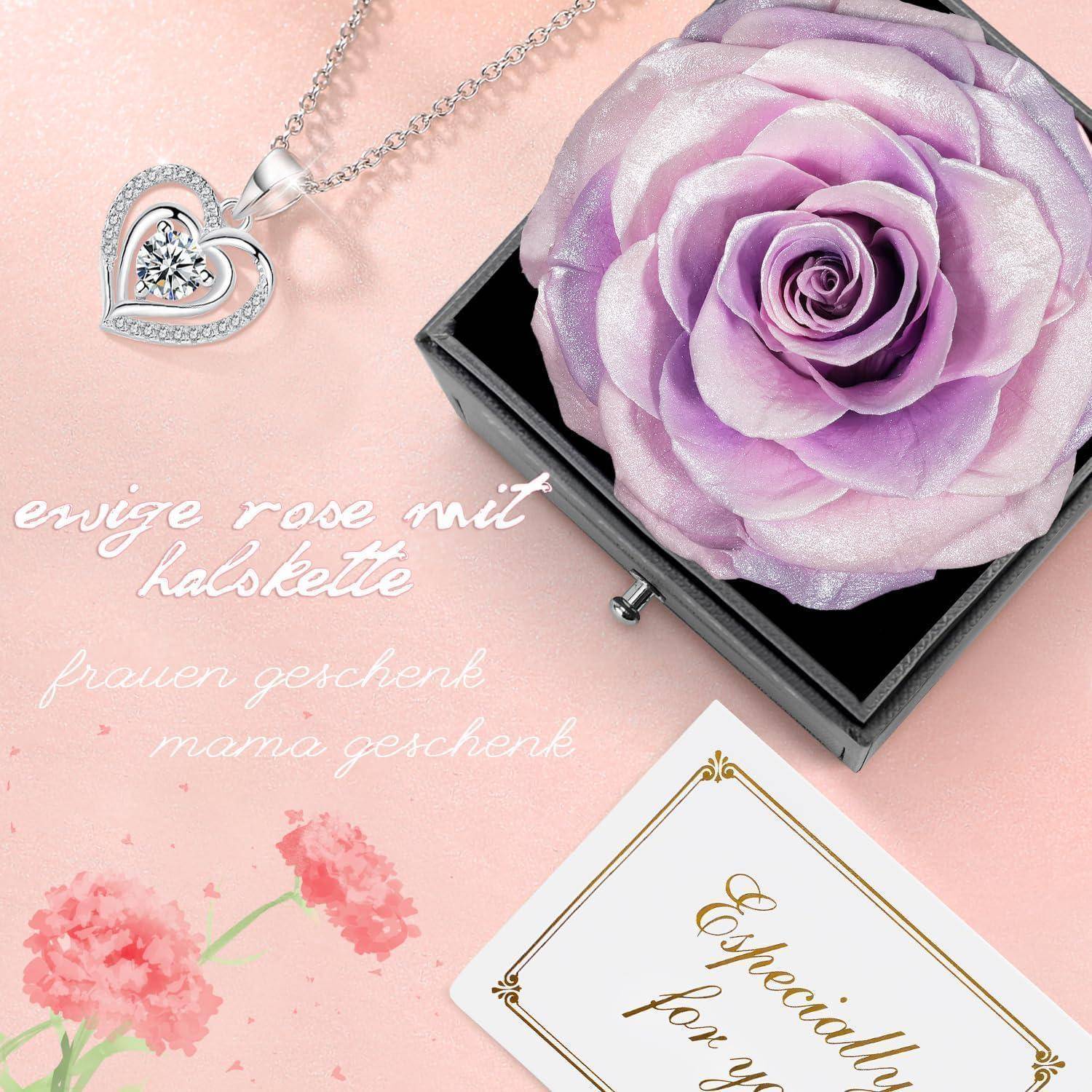 Eine rosa Rose in einer schwarzen Box mit einer herzförmigen Halskette auf einem Pastellhintergrund. Text auf Deutsch deutet darauf hin, dass es ein Geschenk für Frauen oder Mütter ist.