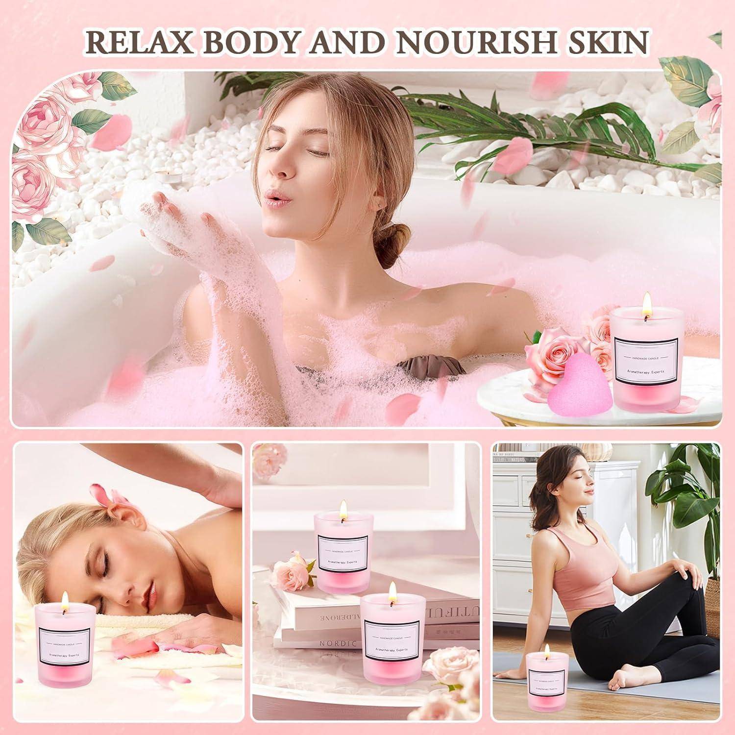 Ein Collage, die eine Frau in einer Badewanne mit Seifenblasen zeigt, auf einer Massageliege mit einer Rose, einer brennenden Kerze und einer meditierenden Frau, mit dem Text 'Körper entspannen und Haut pflegen'.