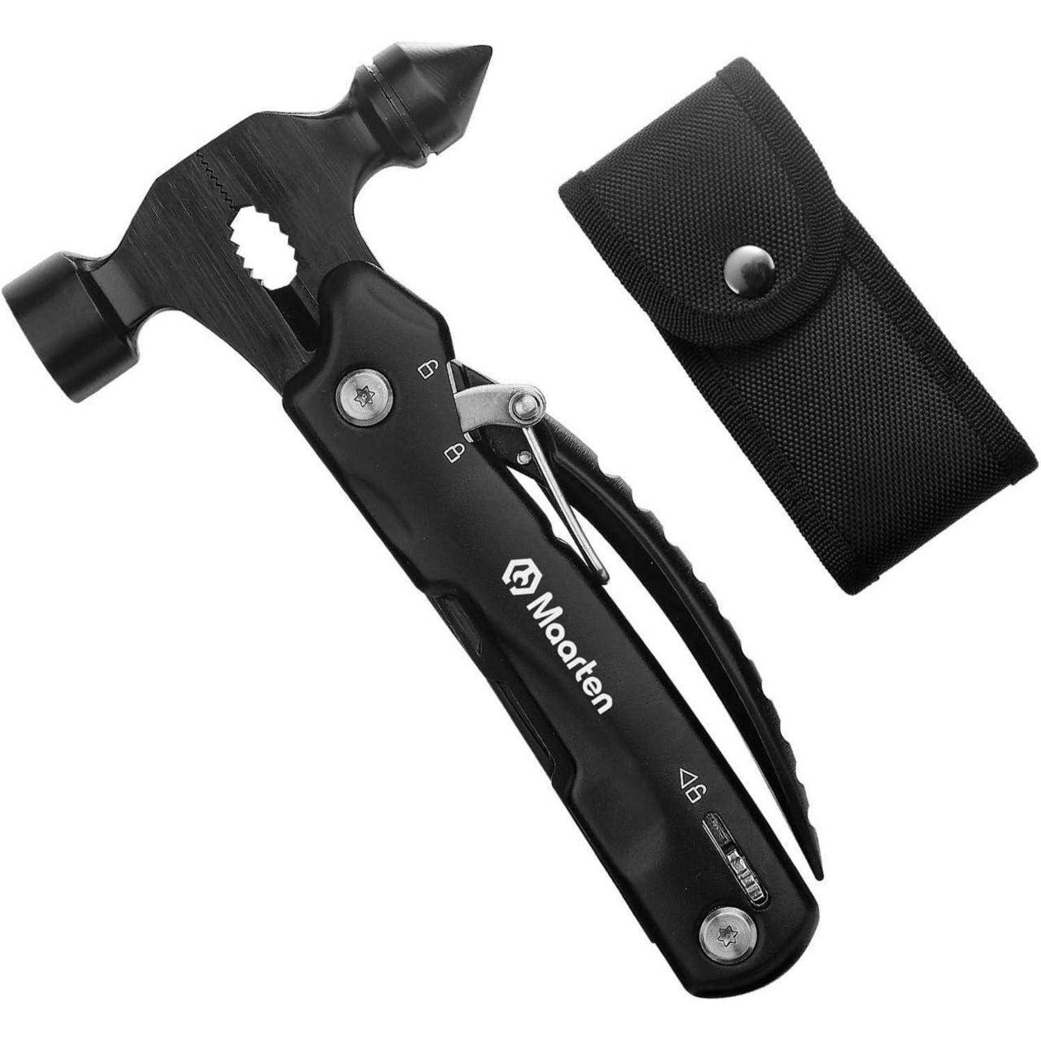 Multitool mit Hammer, Zange und anderen Funktionen, daneben eine schwarze Tragetasche.