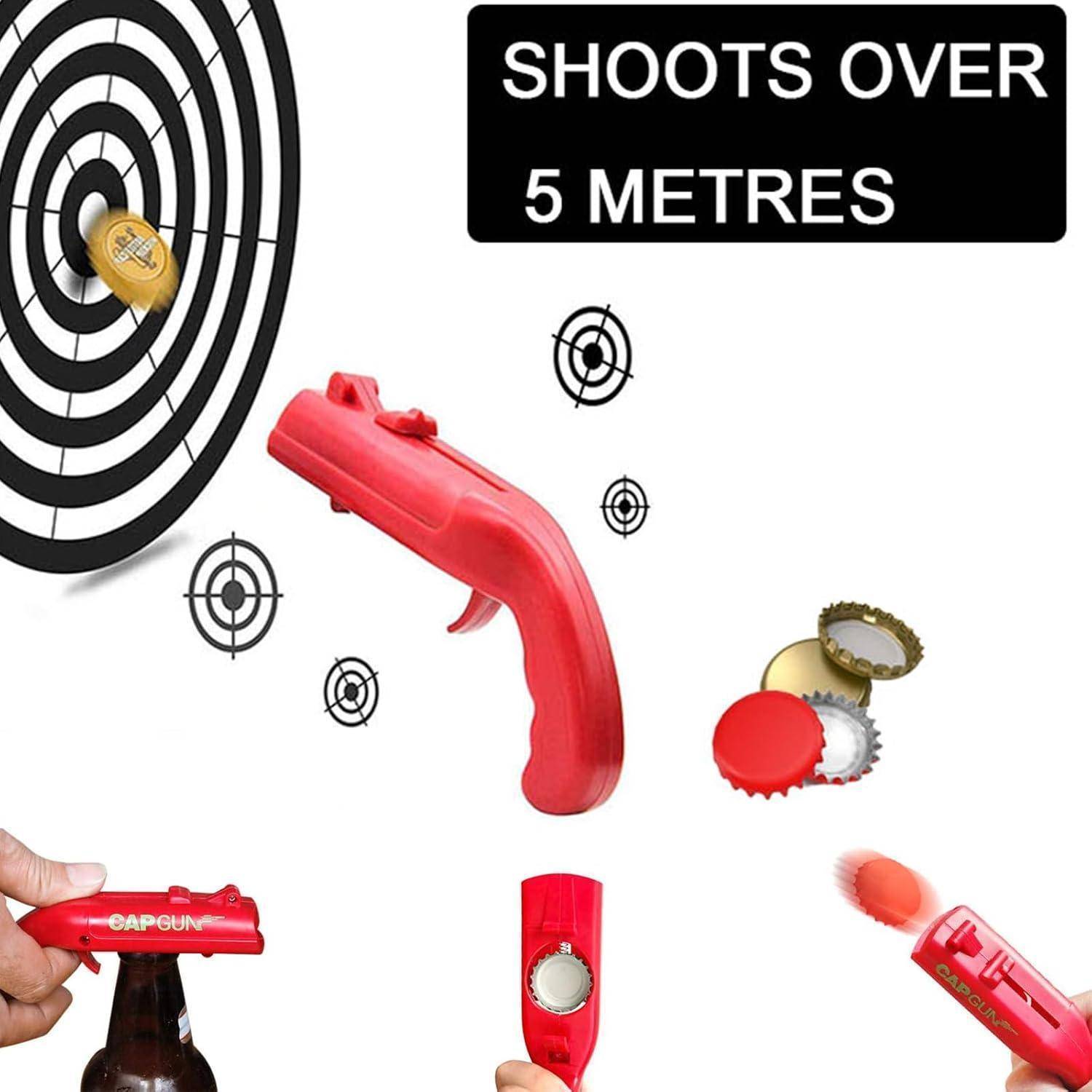 Roter Flaschendeckel-Shooter mit mehreren Zielen und Flaschendeckeln. Text liest sich: 