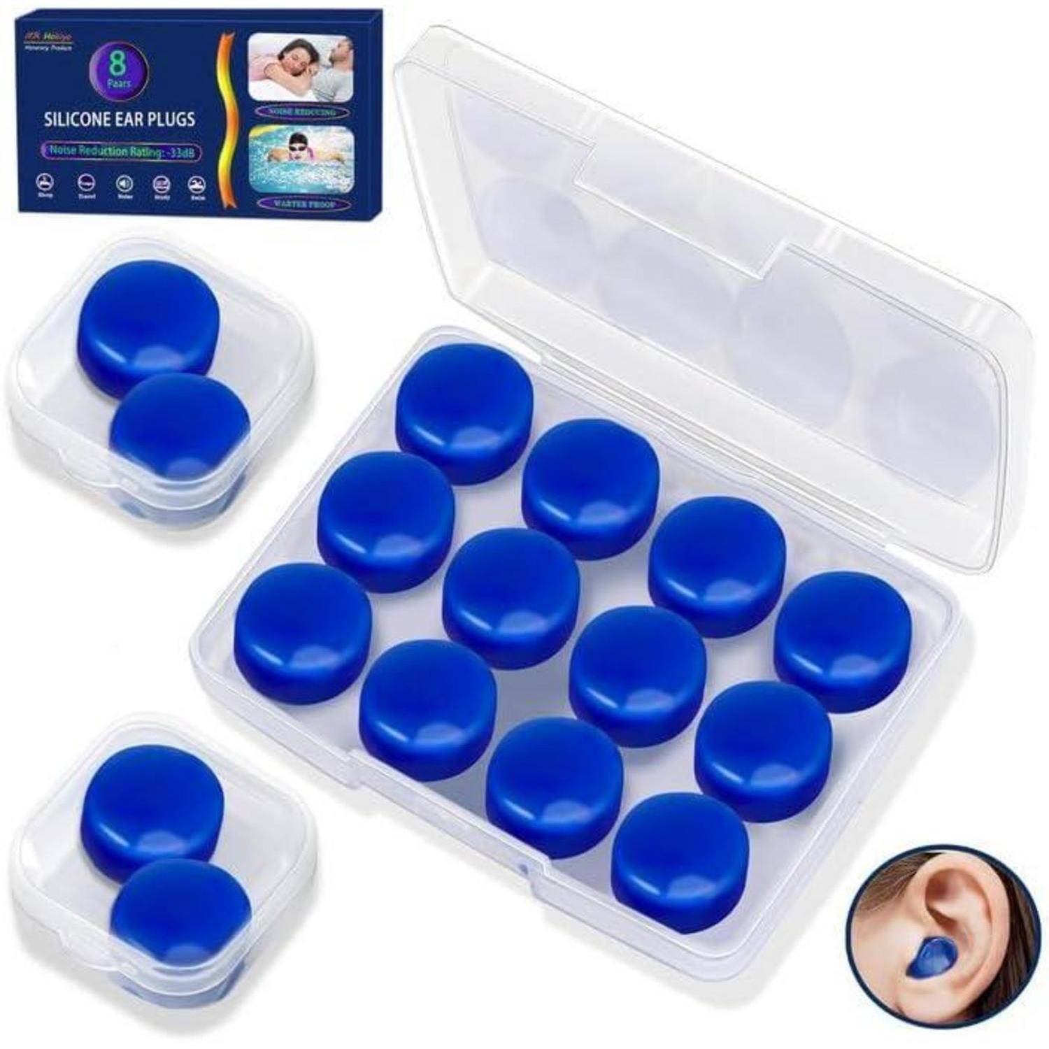 Blaue Silikonohrstöpsel in einer transparenten Dose, in verschiedenen Mengen dargestellt. Verpackung zeigt Produktinformationen.