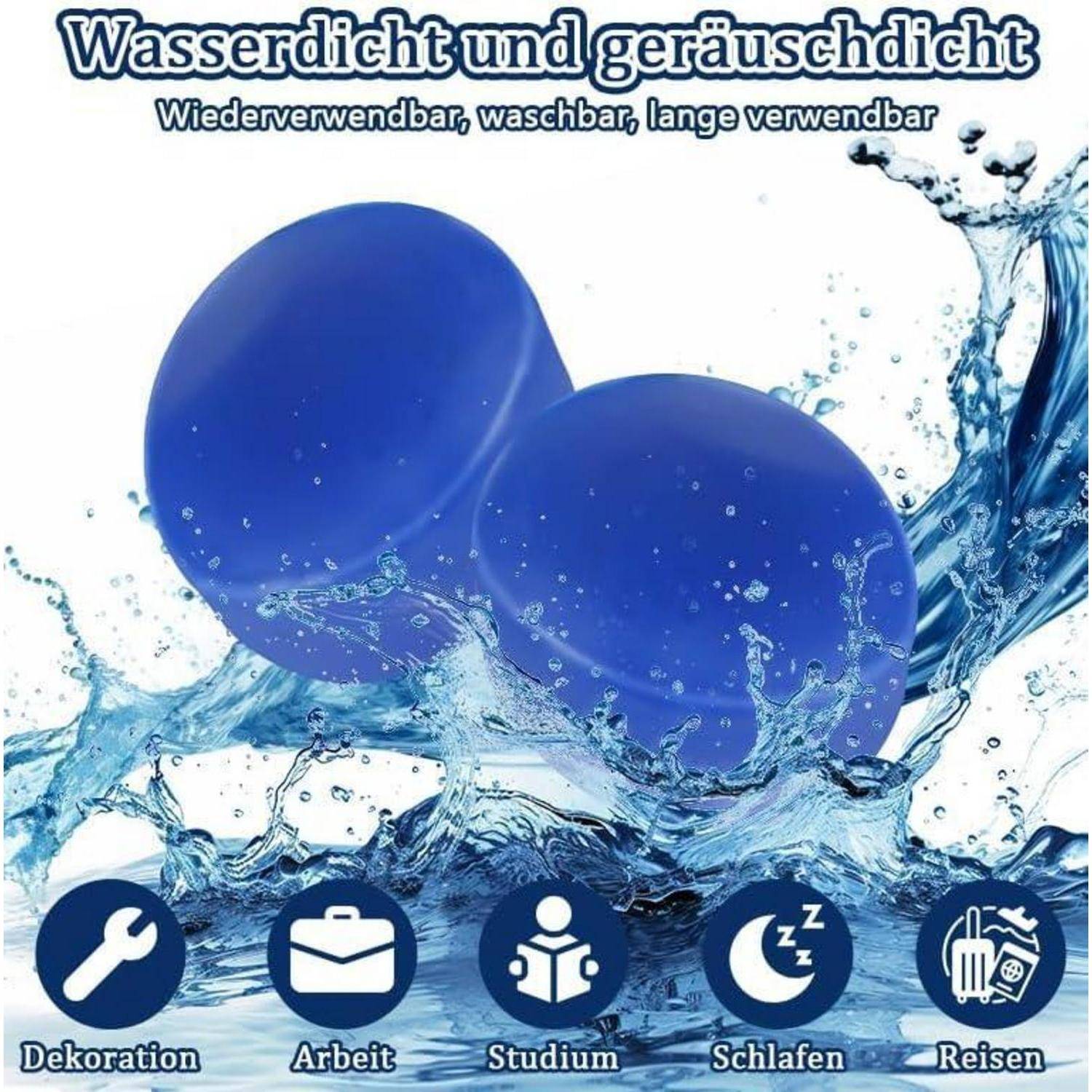Zwei blaue Ohrstöpsel mit Wasserspitzen, gekennzeichnet als 