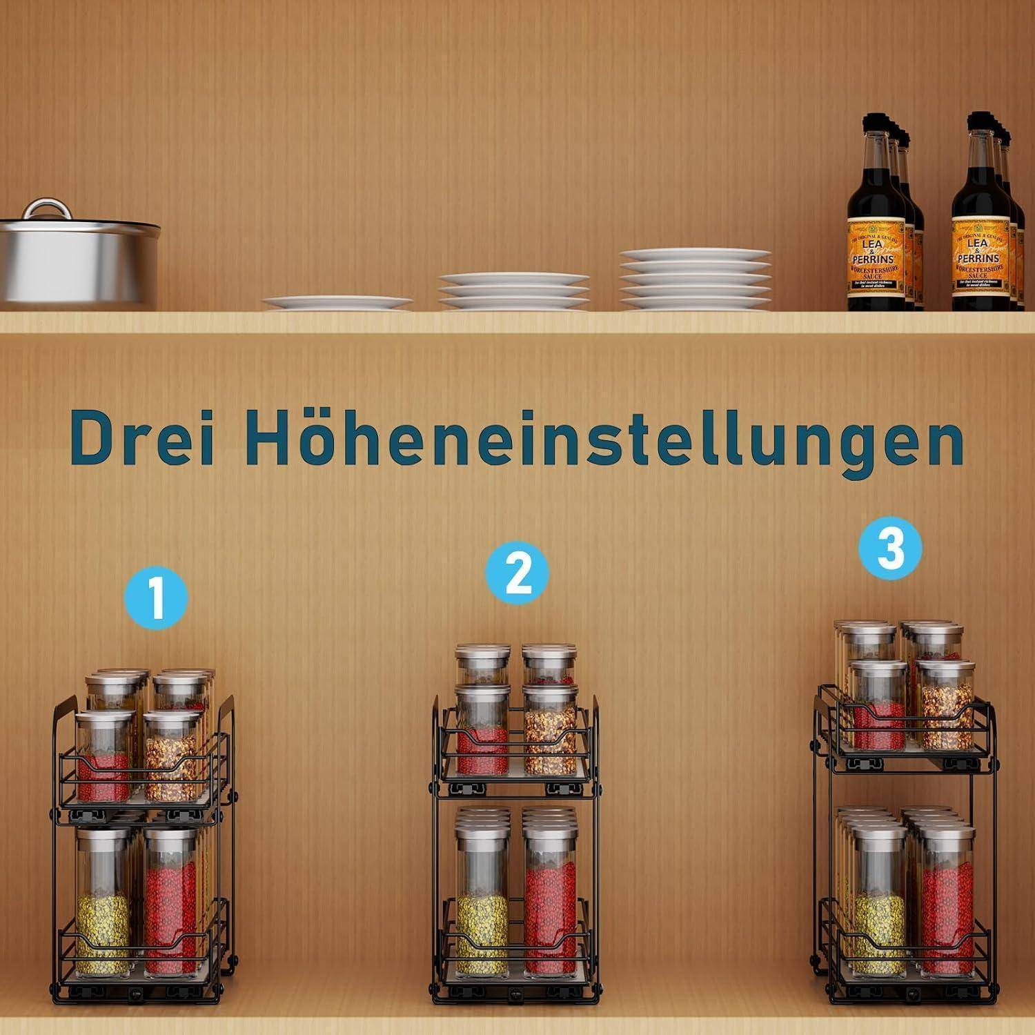 Regal mit verstellbarer Höhe, das drei Konfigurationen zur Organisation von Gewürzregalen zeigt. Beinhaltet Töpfe, Teller und Flaschen auf der Ablage.